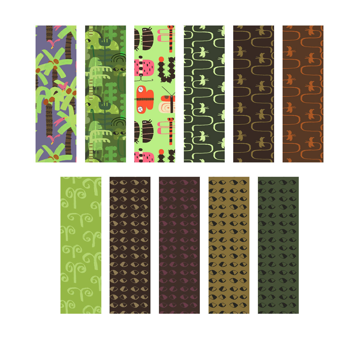Alternative colorways for the designs in the Jungle pattern collection.