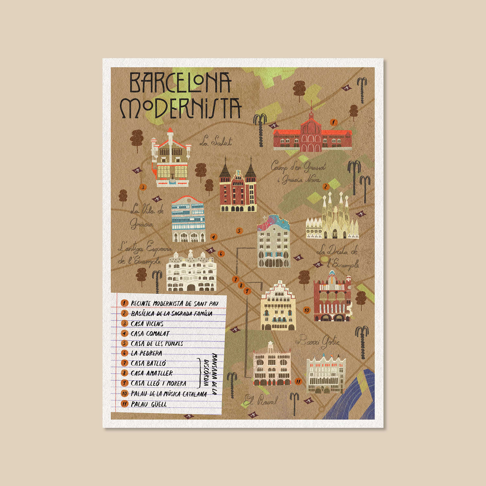Illustrated map of Barcelona Modernism poster.