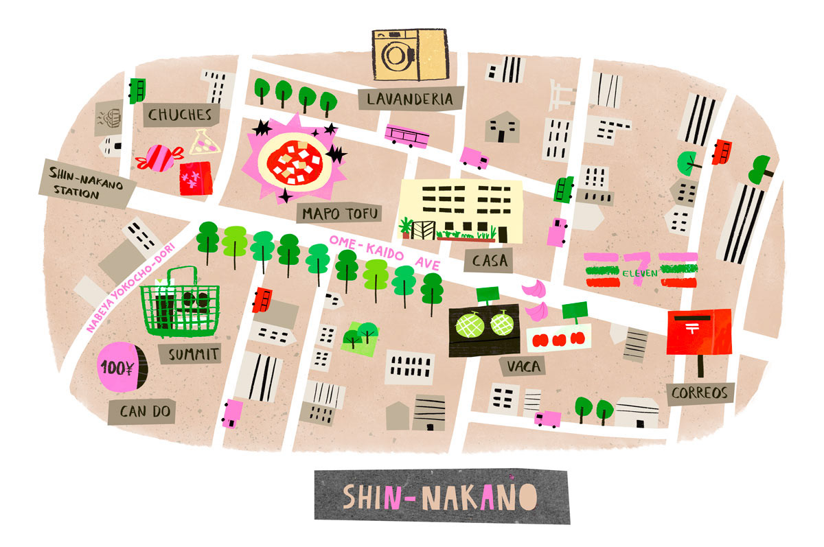 Illustrated map of the neighborhood Nakano in Tokyo.