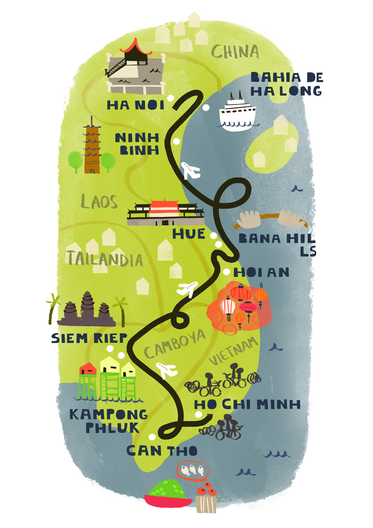 Route of a travel illustrated map from Vietnam to Cambodia by Cris Tamay.
