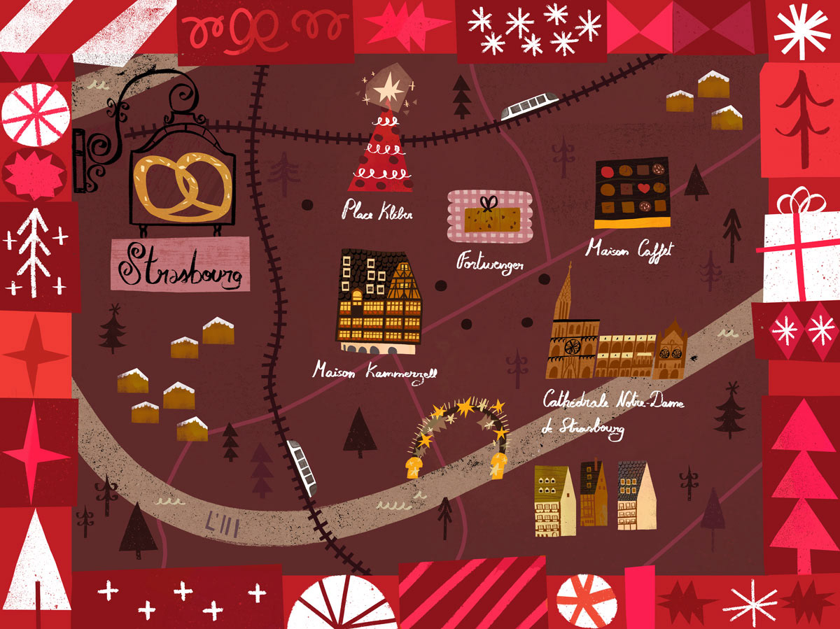 Strasbourg illustrated map in Christmas season with a frame of patchwork festive motifs by Cris Tamay. 