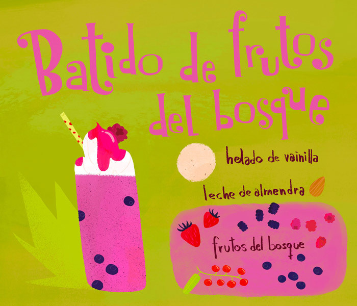 Food illustration of a berries vegan shake by Cris Tamay