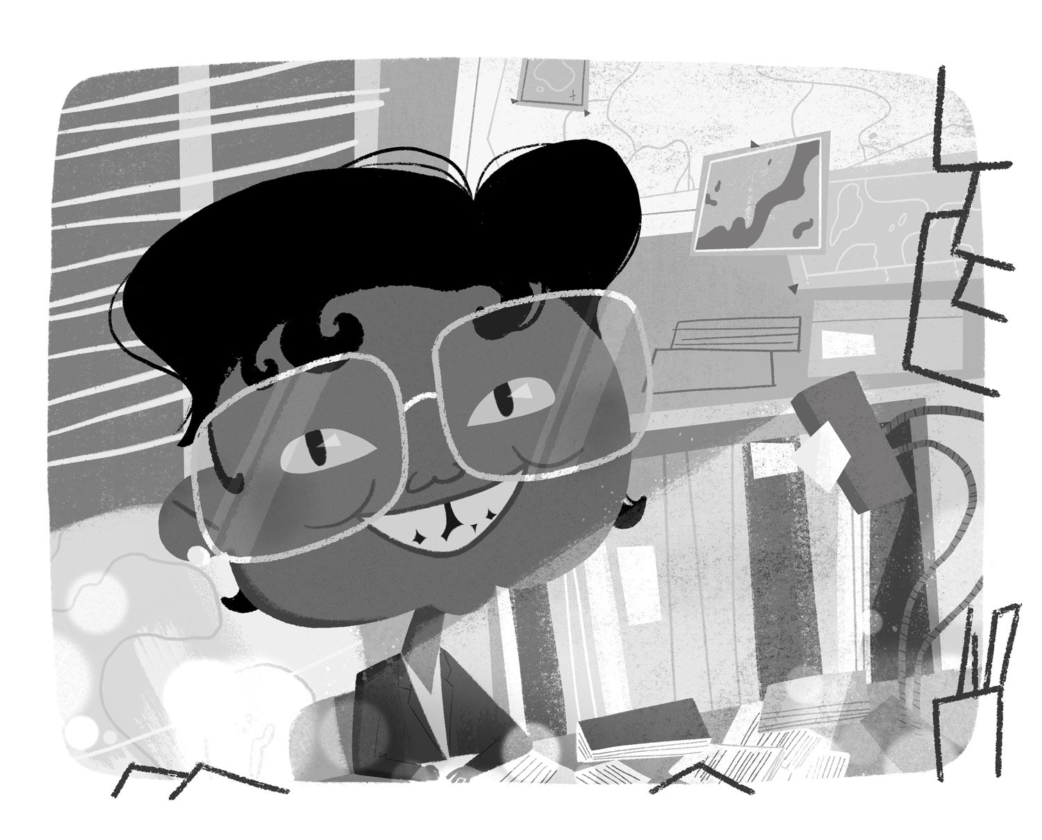 Illustrated portrait of Gladys West in black and white by Cris Tamay