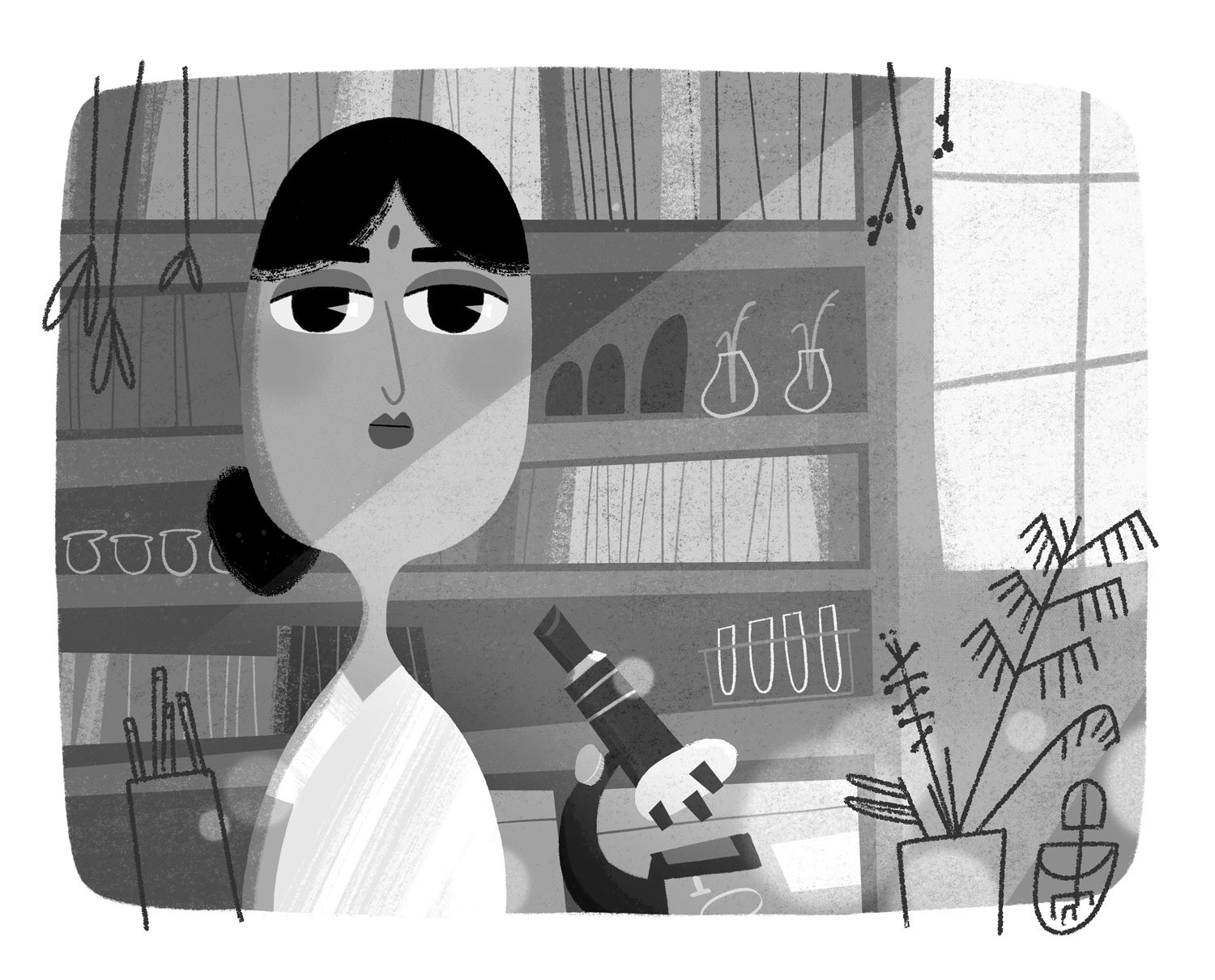Illustrated portrait of Janaki Ammal in black and white by Cris Tamay