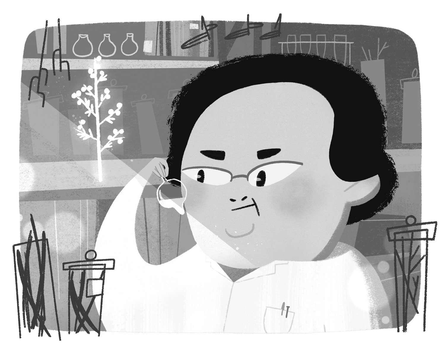 Illustrated portrait of Tu Youyou in black and white by Cris Tamay
