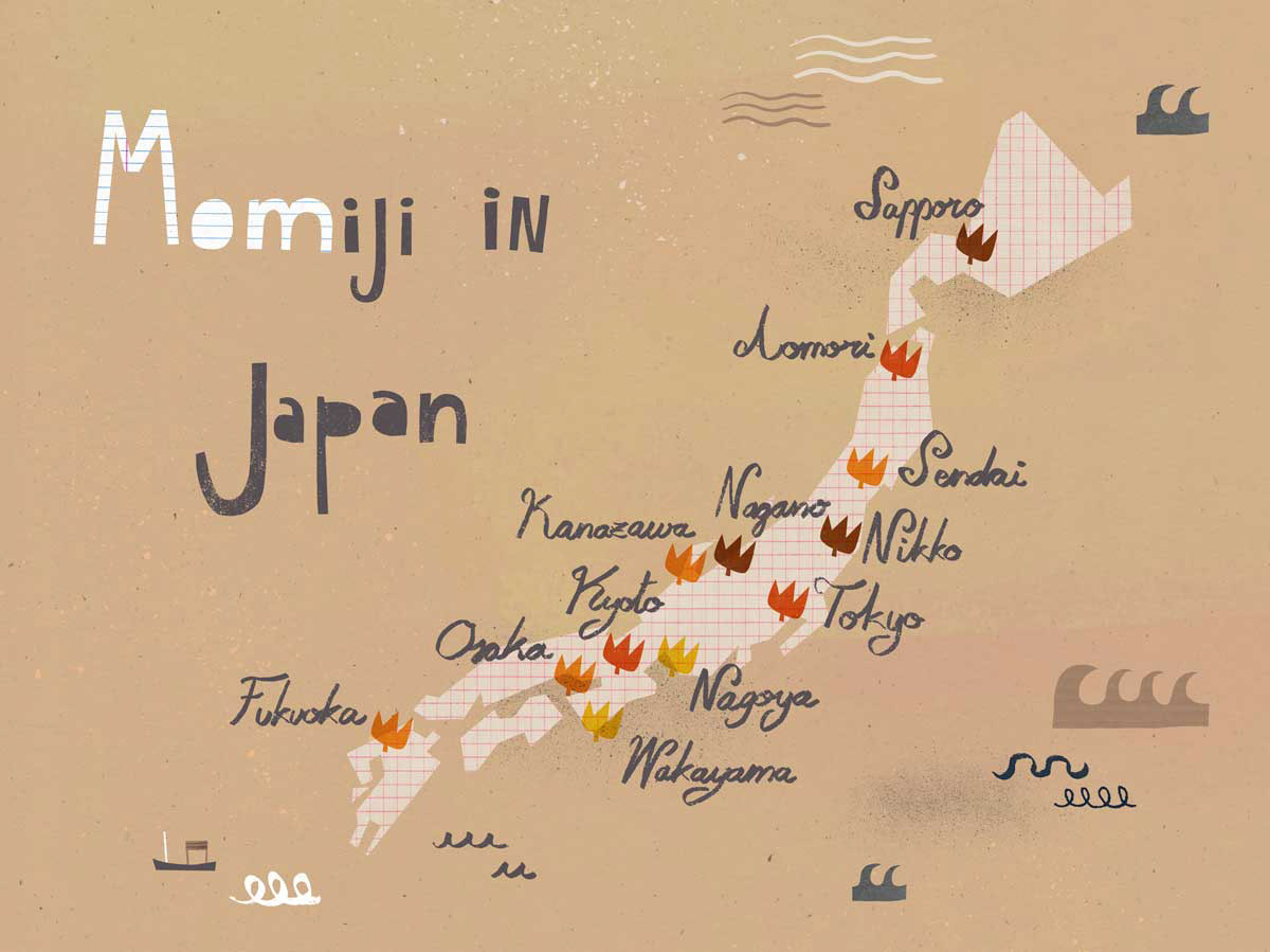 Illustrated map of Japan showing the spots to enjoy Momiji (fall) season.