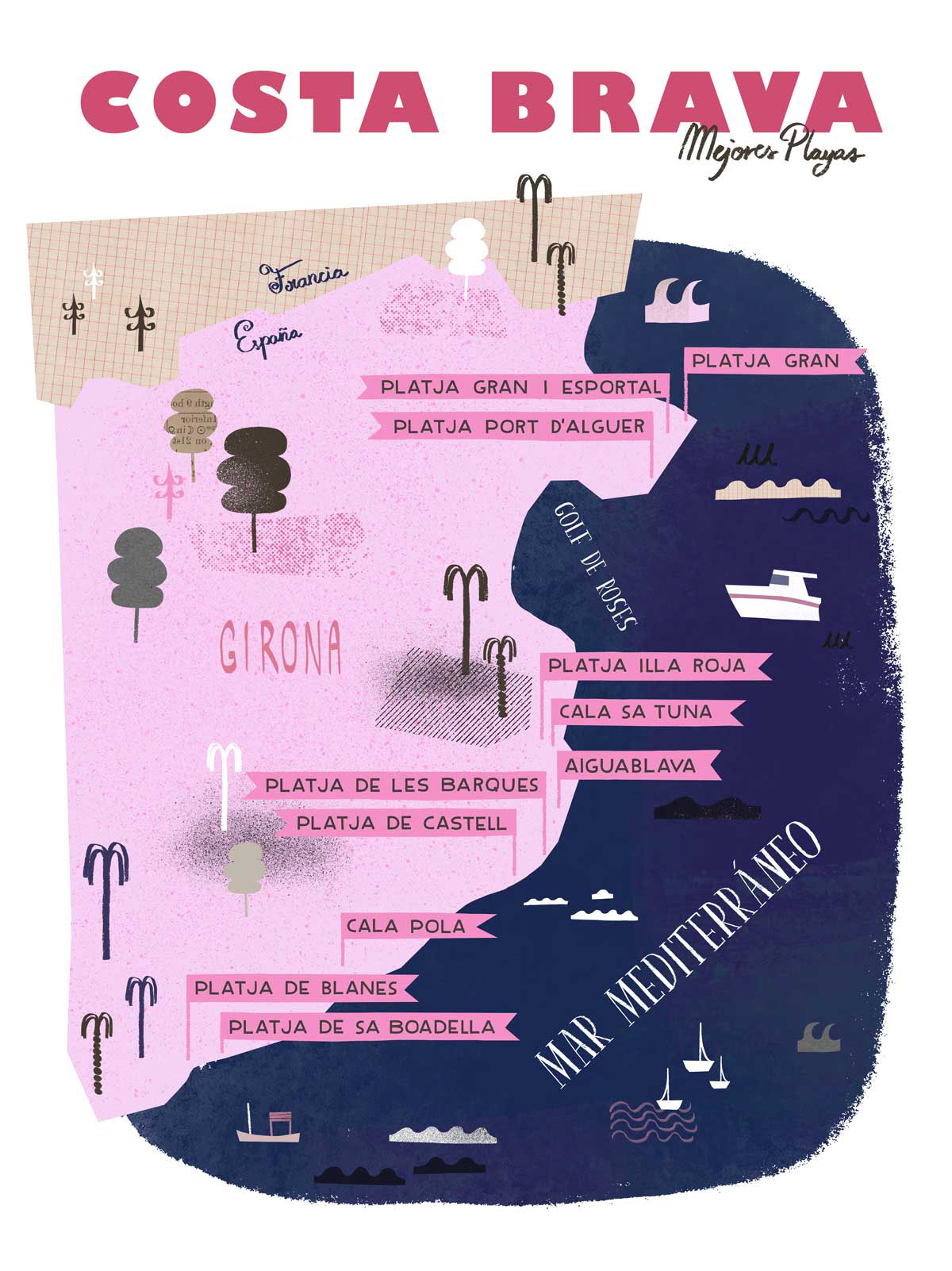 Costa Brava beaches illustrated map by Cris Tamay.