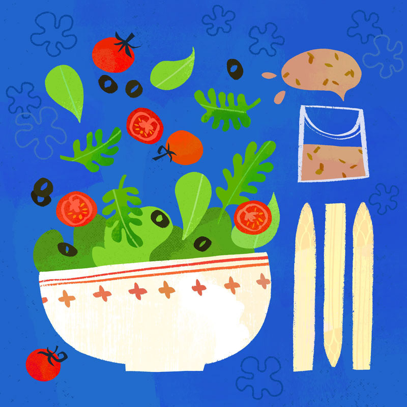 Illustrated salad with vibrant ingredients flying into a bowl, showcasing a healthy and colorful design. Created by Cris Tamay.