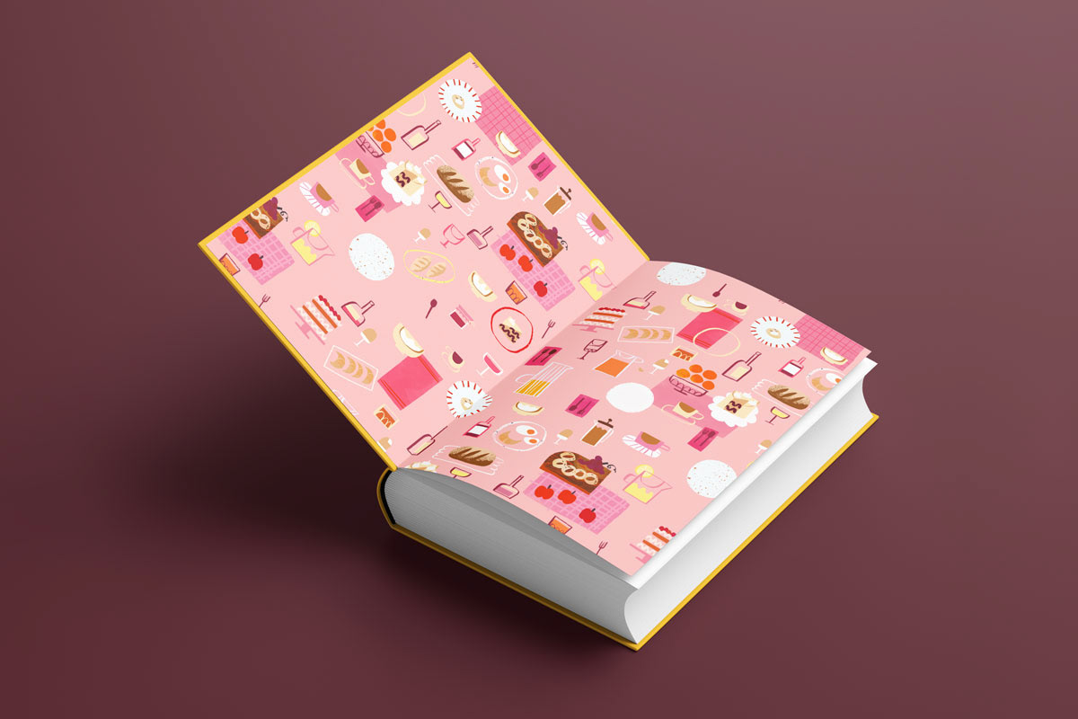 Mockup of the brunch pattern design on book endpapers.