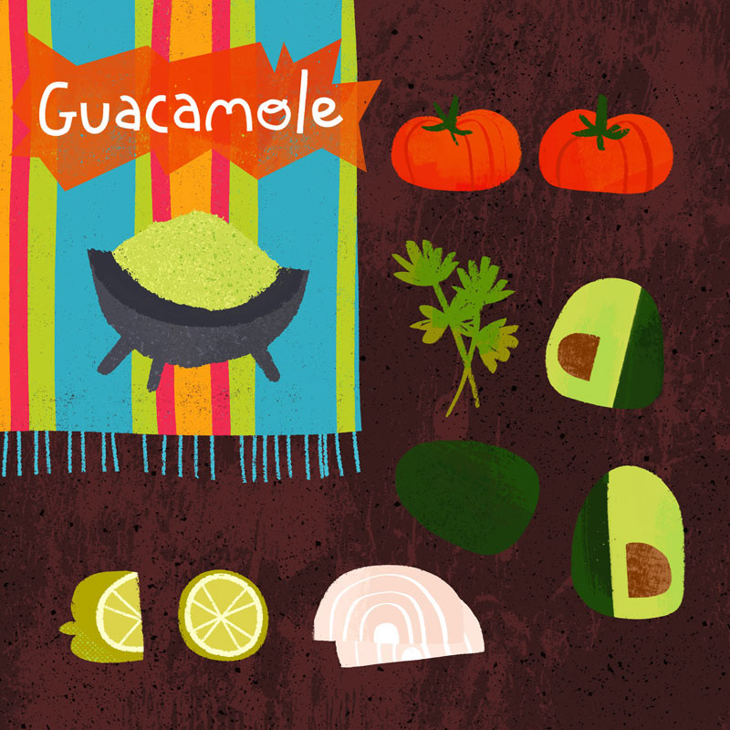 Guacamole illustration with colorful ingredients surrounding it, by Cris Tamay.