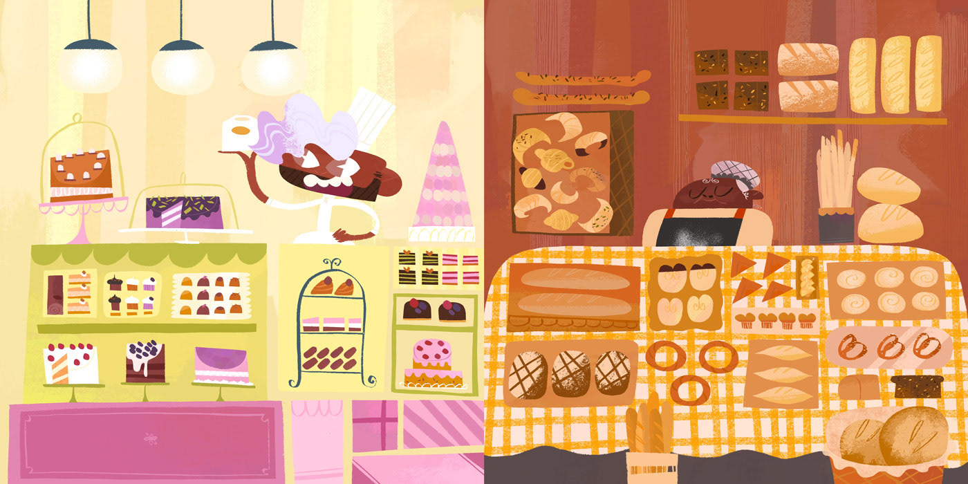 Illustrated spread of a patisserie and a bakery by Cris Tamay