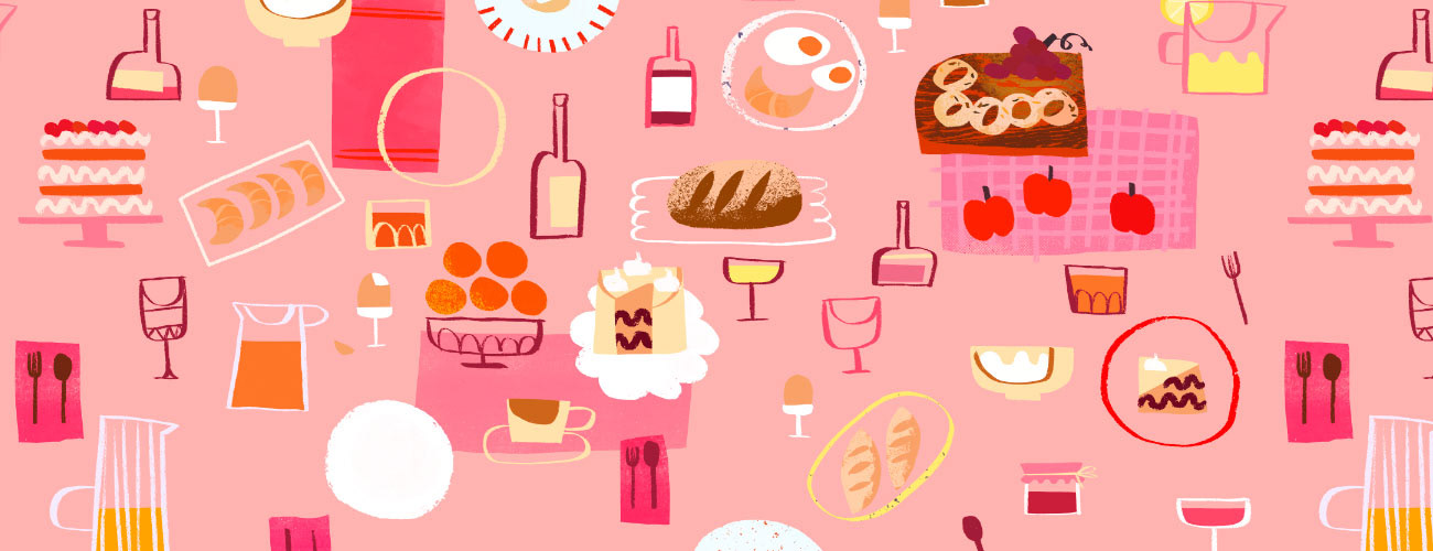 Joyful surface pattern design of a brunch tablescape in pink, full of sweets, bread, juices and other drinks.