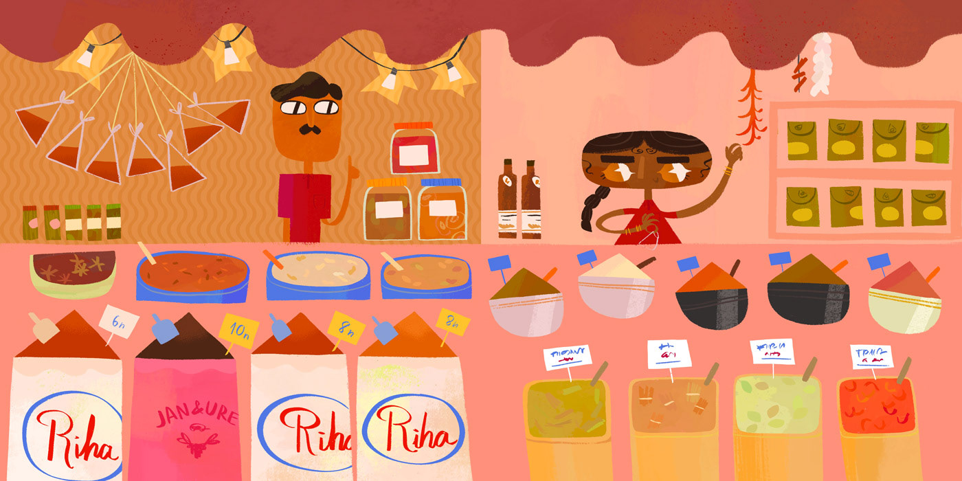 Illustrated spread of a spice shop by Cris Tamay