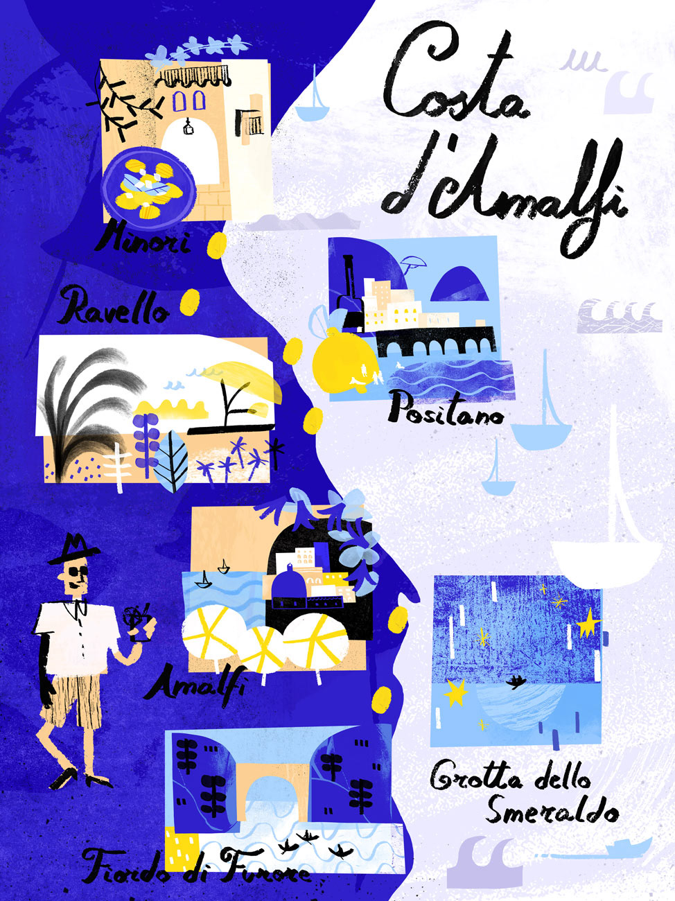 Illustrated travel map of Costa d'Amalfi in Italy by Cris Tamay.