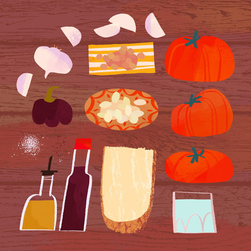 Illustrated food ingredients for a Romescu sauce (a catalan sauce) by Cris Tamay.