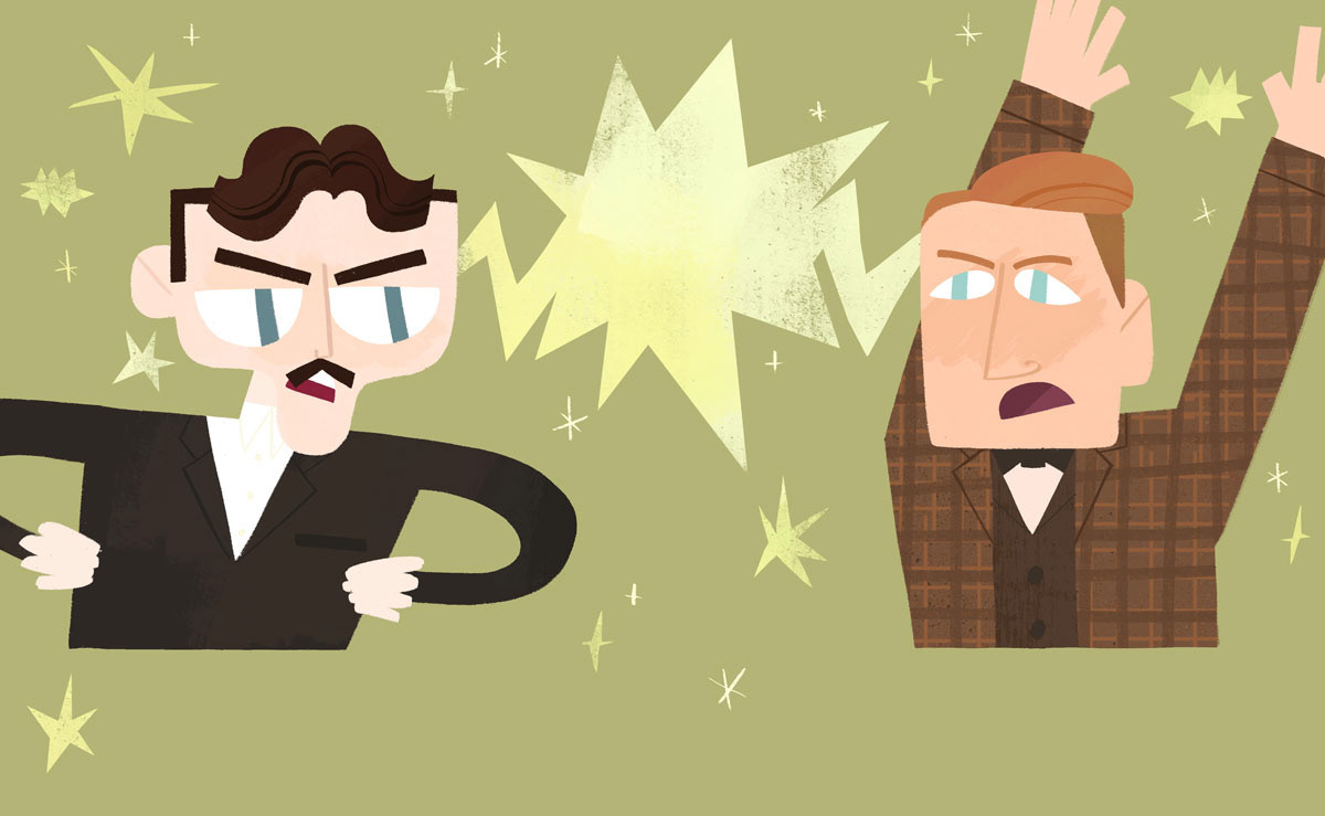Tesla fighting with Edison illustration by Cris Tamay
