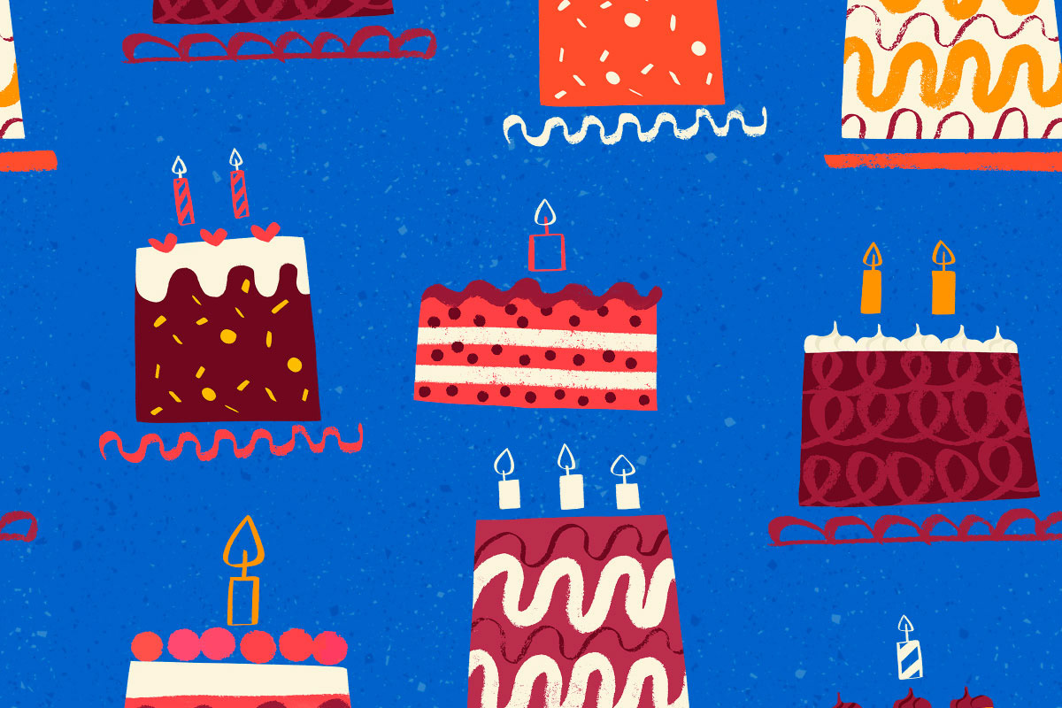 Birthday cakes seamless pattern on blue background by Cris Tamay