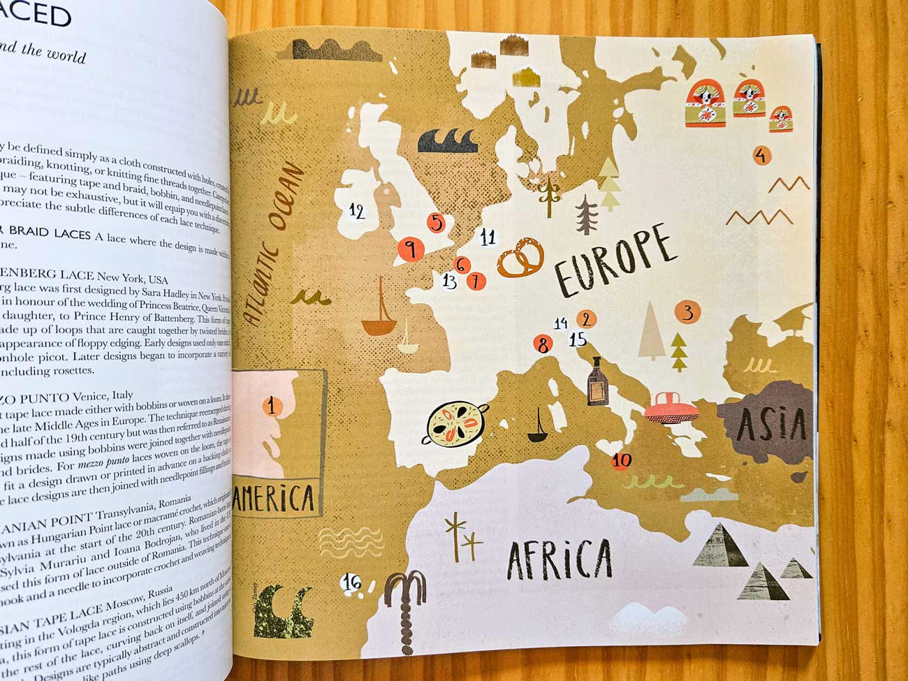 Illustrated map by Cris Tamay of types of laces in Europe and Africa.