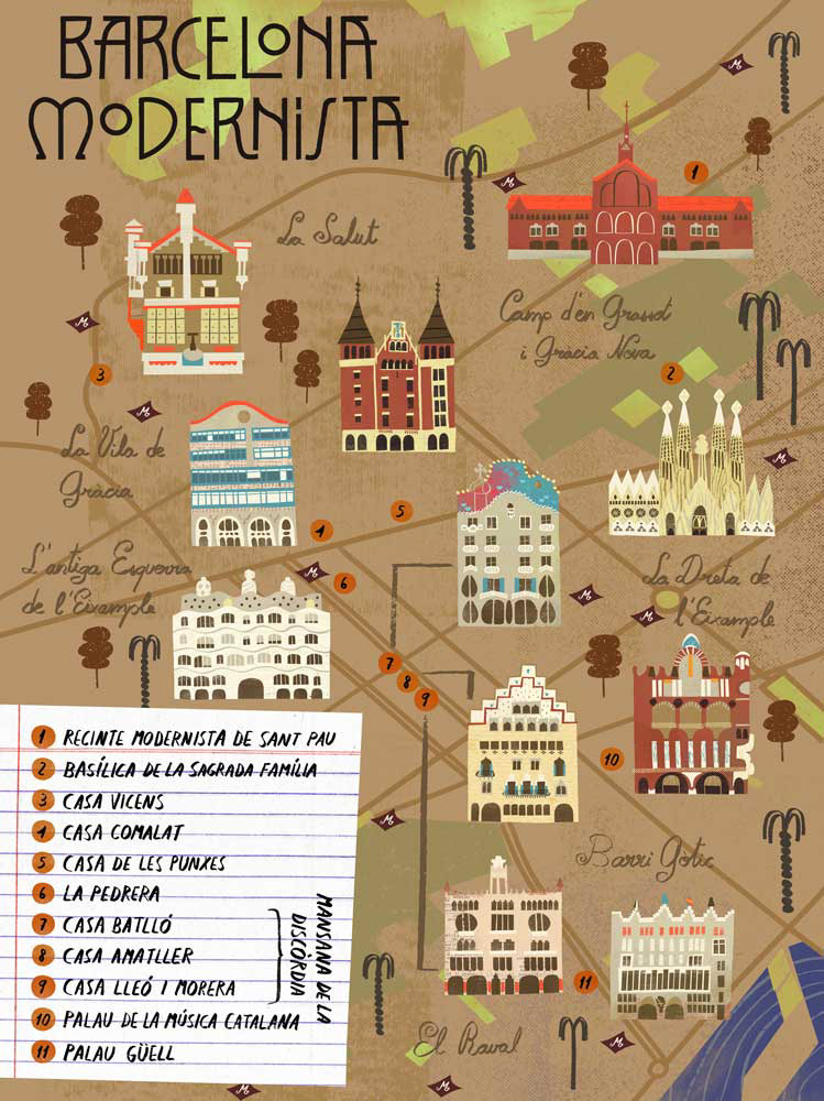 Modernism in Barcelona illustrated map by Cris Tamay where you can see 11 buildings in the city.