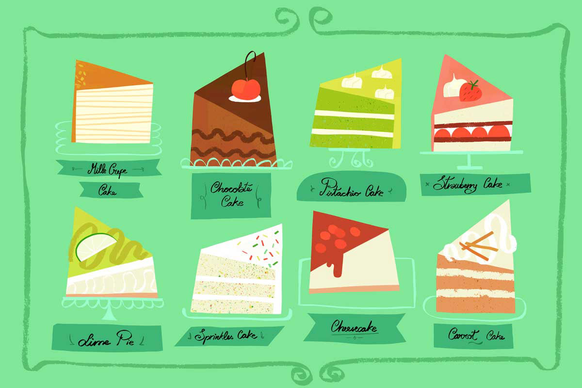 Illustration of different types of cake display with their names by Cris Tamay