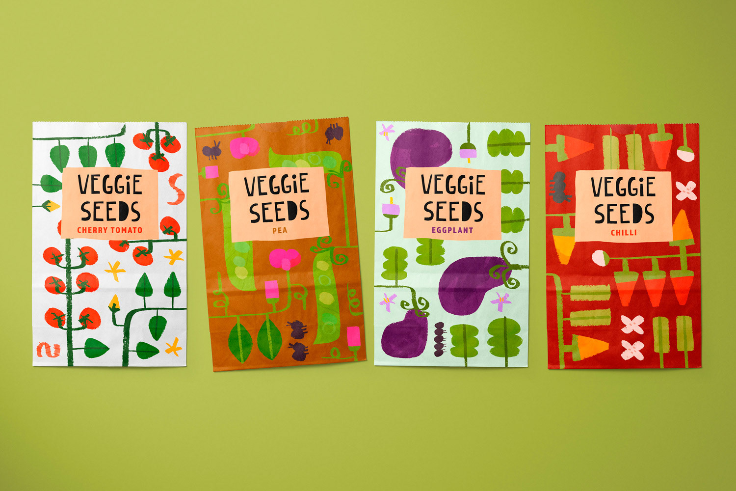 Vegetable seed packets with a packaging illustrated by Cris Tamay
