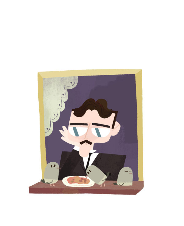 Tesla at his window with some doves, illustrated by Cris Tamay