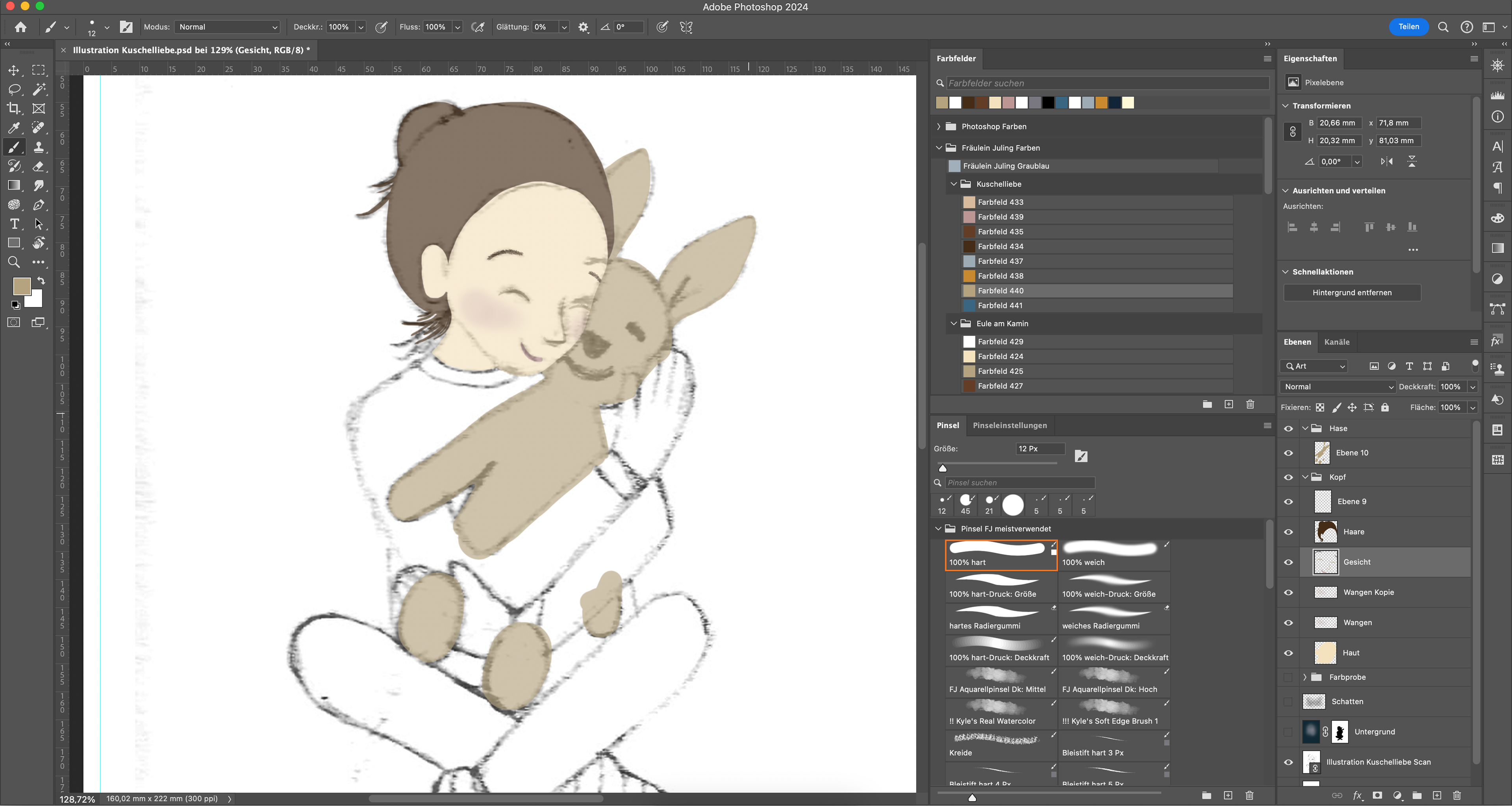 Making of der Illustration namens "Kuschelliebe". Illustration mit einem Mädchen, das ein Kuscheltier fest umarmt. Beide lächeln und sind glücklich dabei. Die Illustration zeigt den Moment der Liebe und Zuneigung.