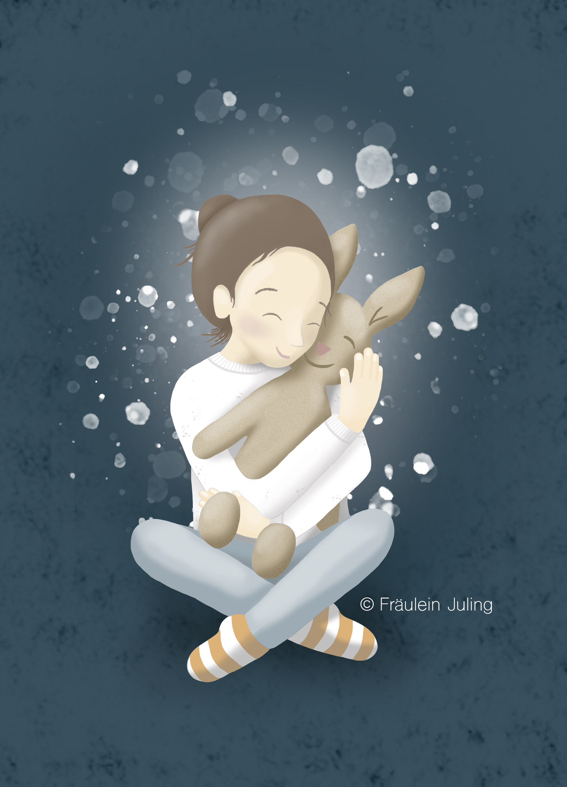 Illustration mit einem Mädchen, das ein Kuscheltier fest umarmt. Beide lächeln und sind glücklich dabei. Die Illustration zeigt den Moment der Liebe und Zuneigung.