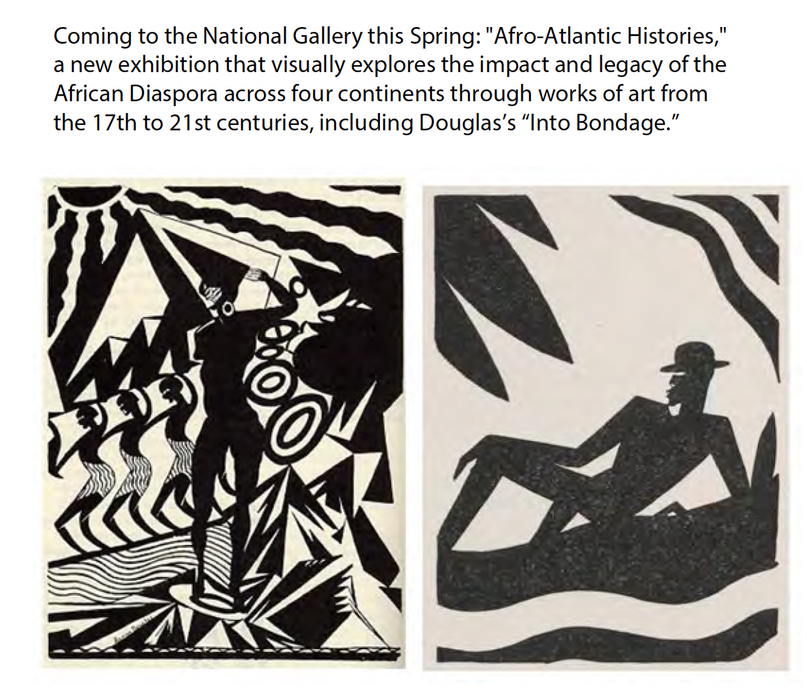Through his paintings that utilize color, shape, and line, Douglas creates a collapsing of time as he merges the past, present, and future of American-American history. Fragmentation of the picture plane, geometry, and hard-edge abstraction are present in most of his paintings during the Harlem Renaissance.