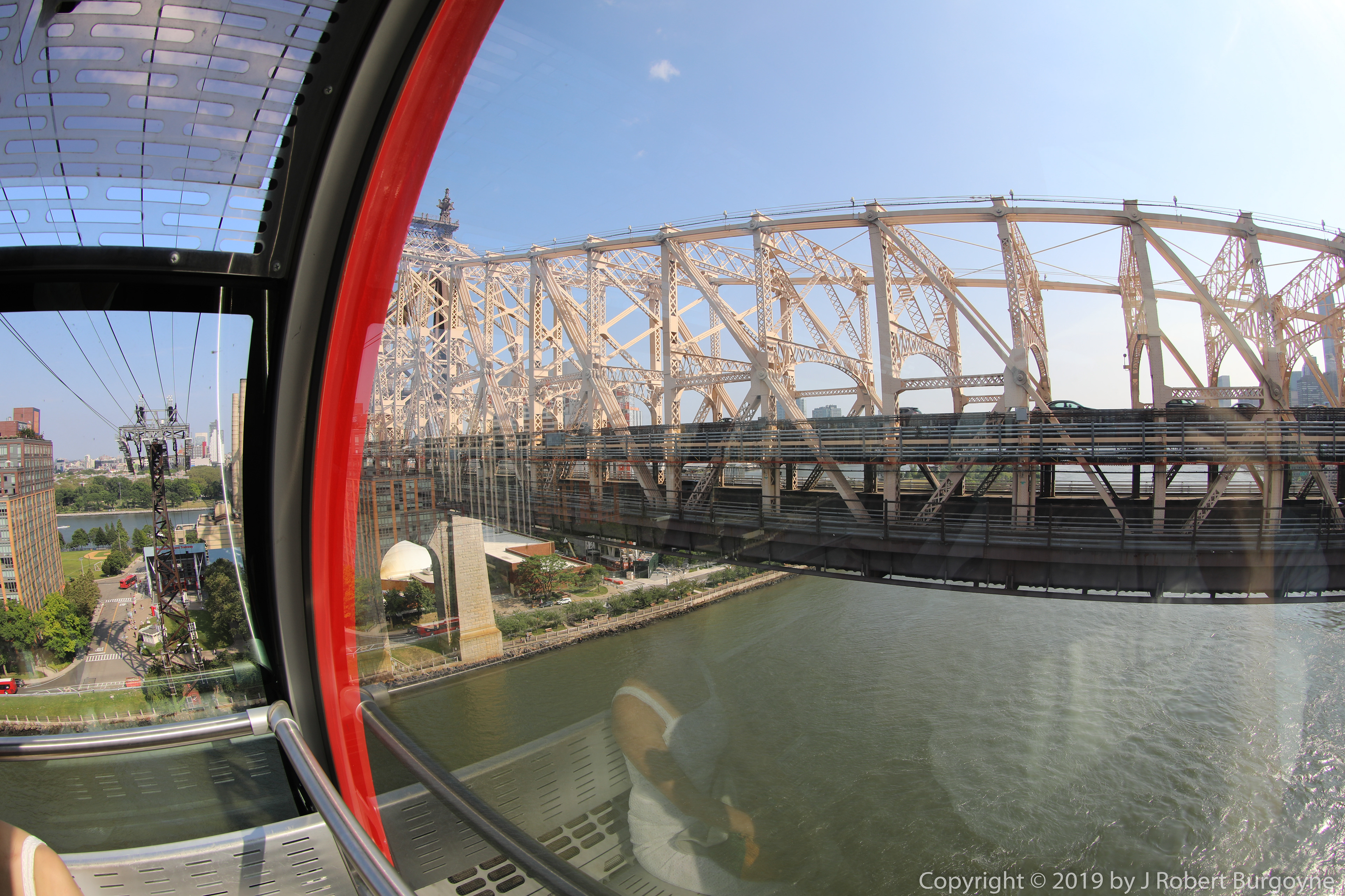 Queensboro Bridge from Roosevelt Island Tram. Roosevelt Island Visible at Bottom Left. Fisheye Lens