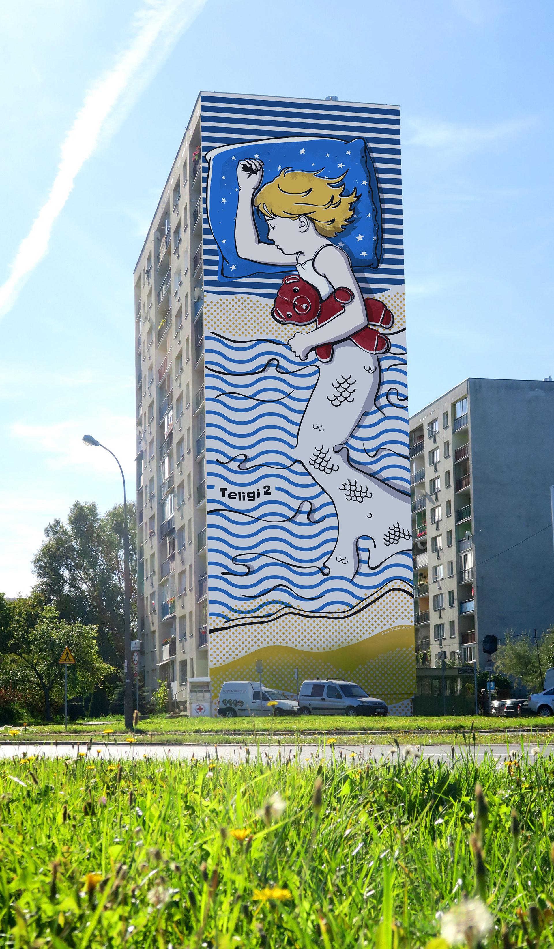 Śpiąca Syrenka - Ursynowskie Murale - ul. Teligi 2 - Warszawa 2019