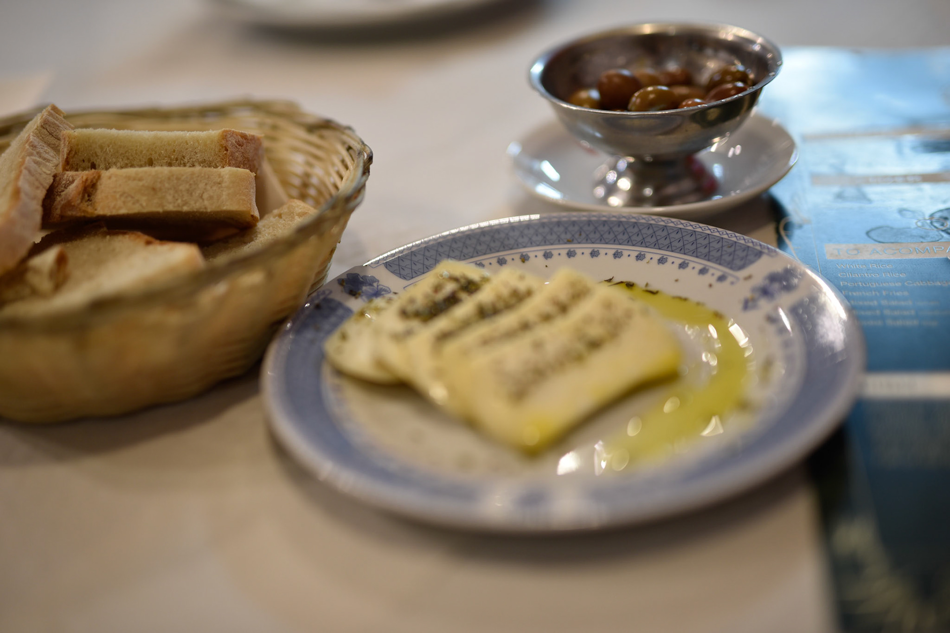 First meal in Lisbon: olives, cheese, bread