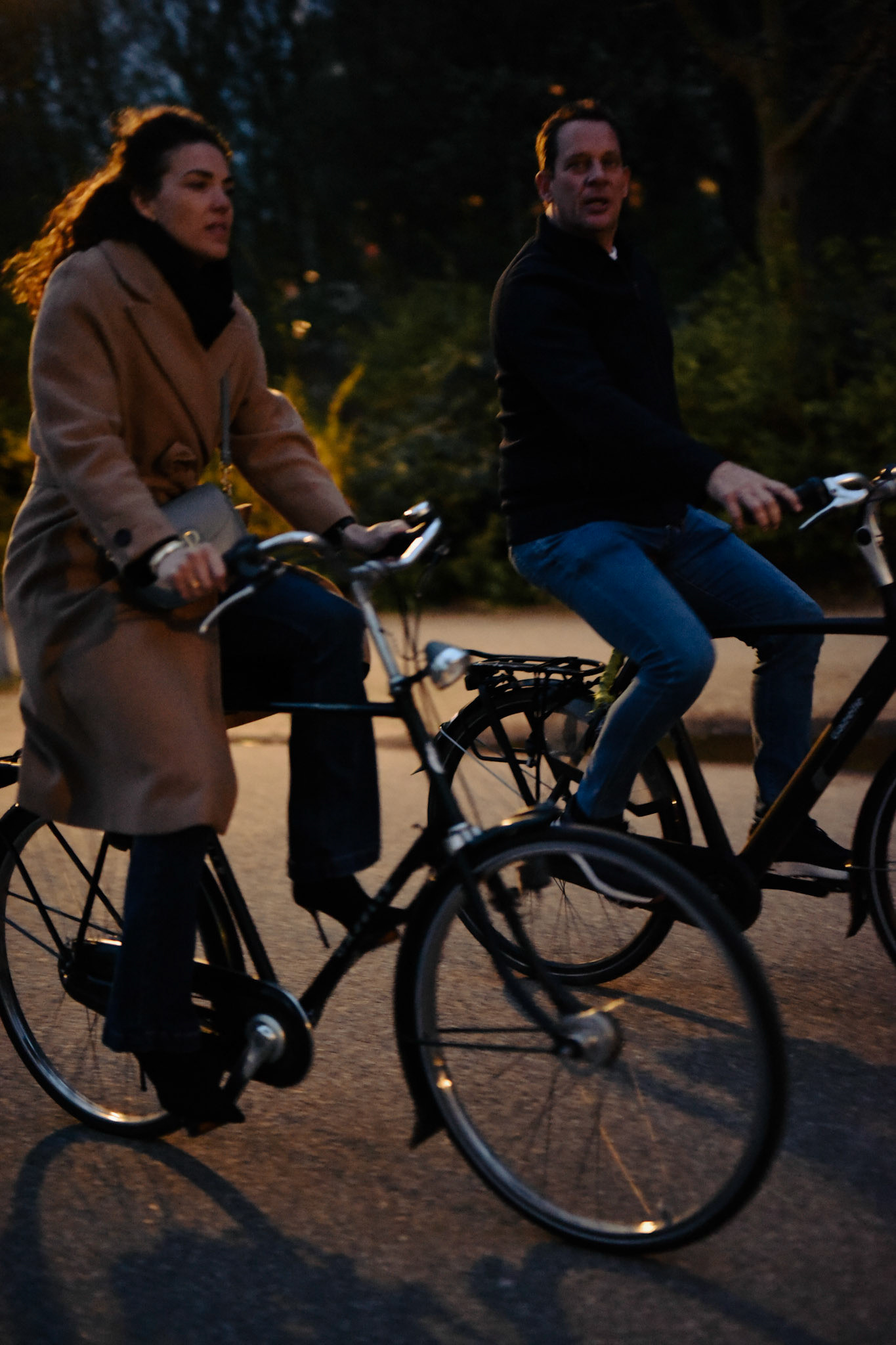it took a lot of tries to get a pair of Dutch cyclists in focus at dusk in the park