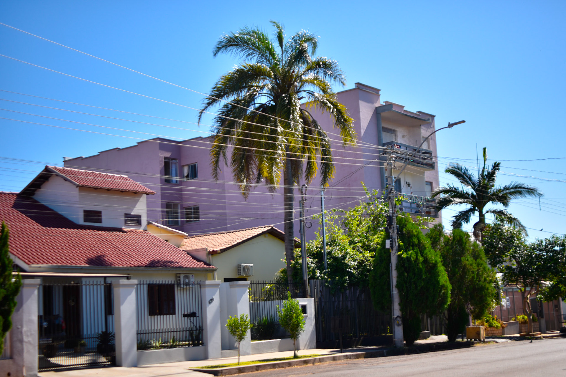 Pink apartment building, back top window is Scheila's kitchen