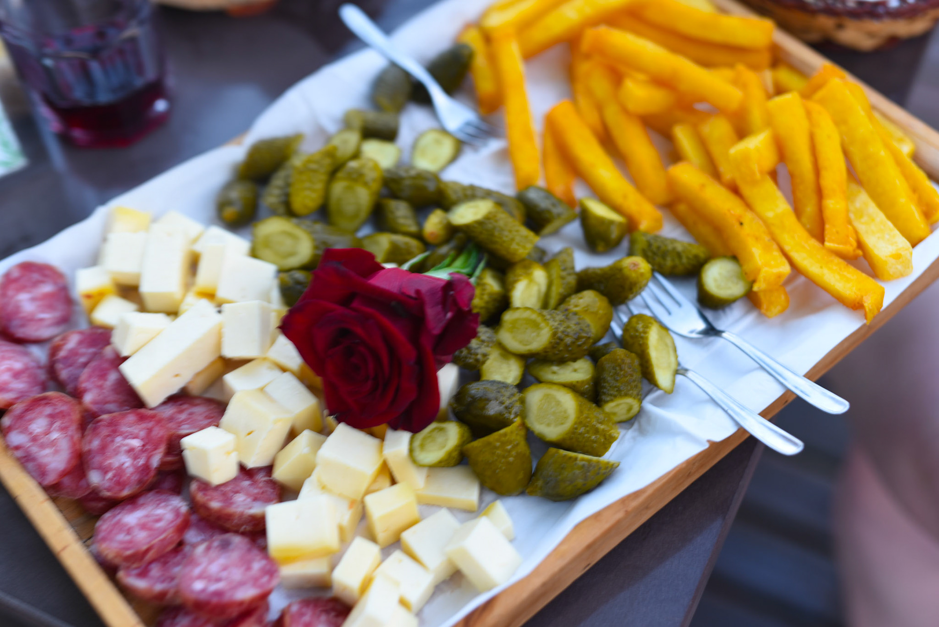 Salami, cheese pickles, and polenta fries