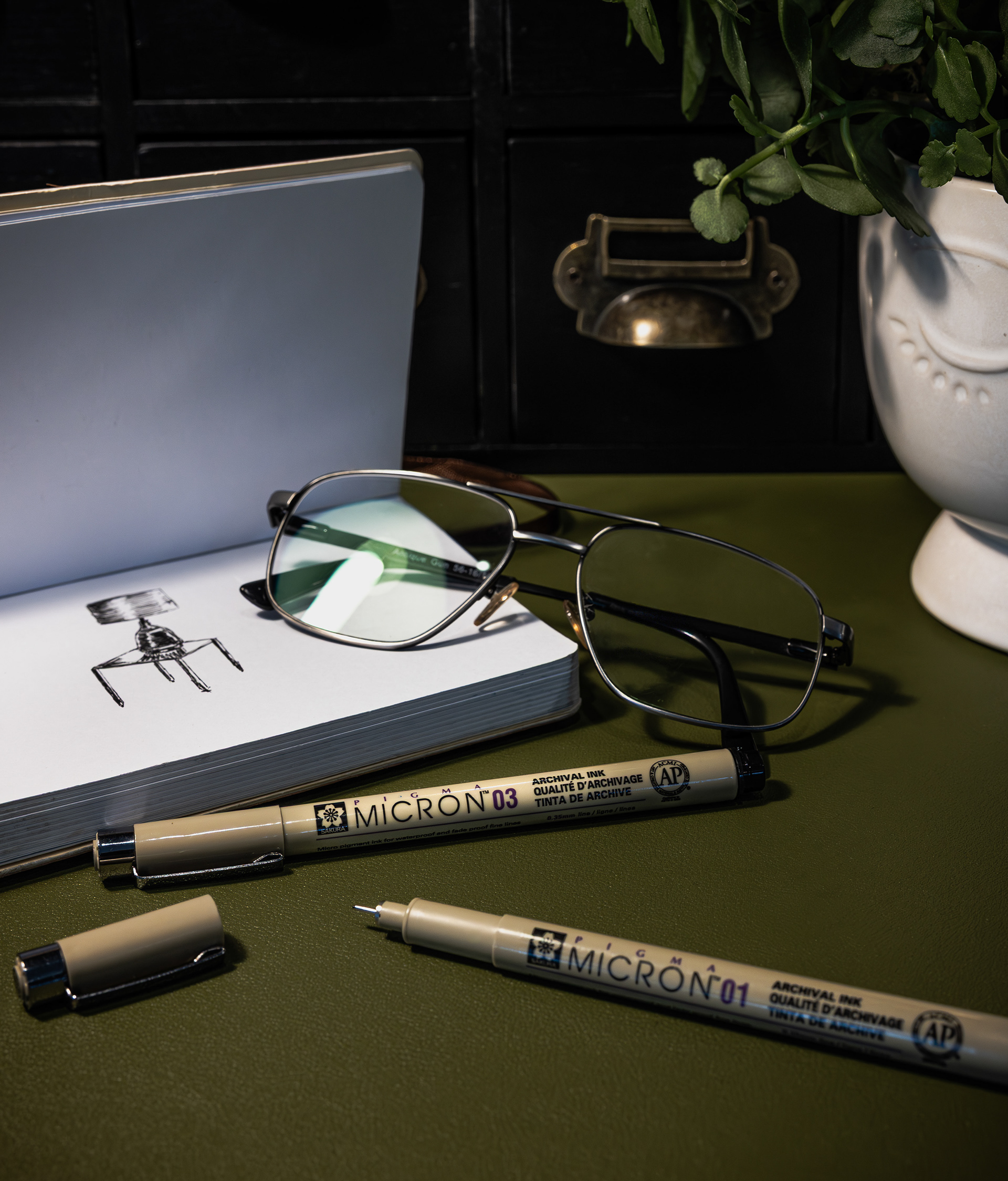 Still Life Micron Pens and Papa's Glasses