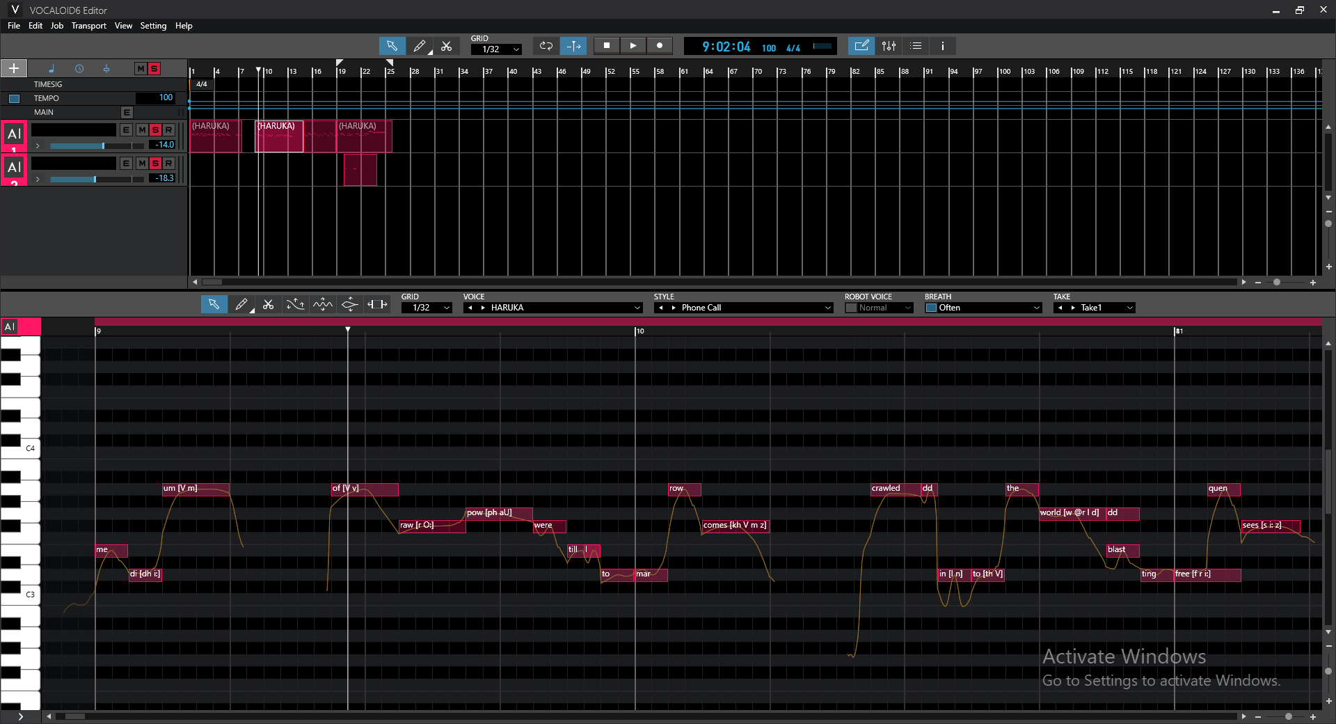 An image of the vocaloid 6 editor, showing a phonetic breakdown on how to make Haruka clearly pronounce words in INTRODUCING