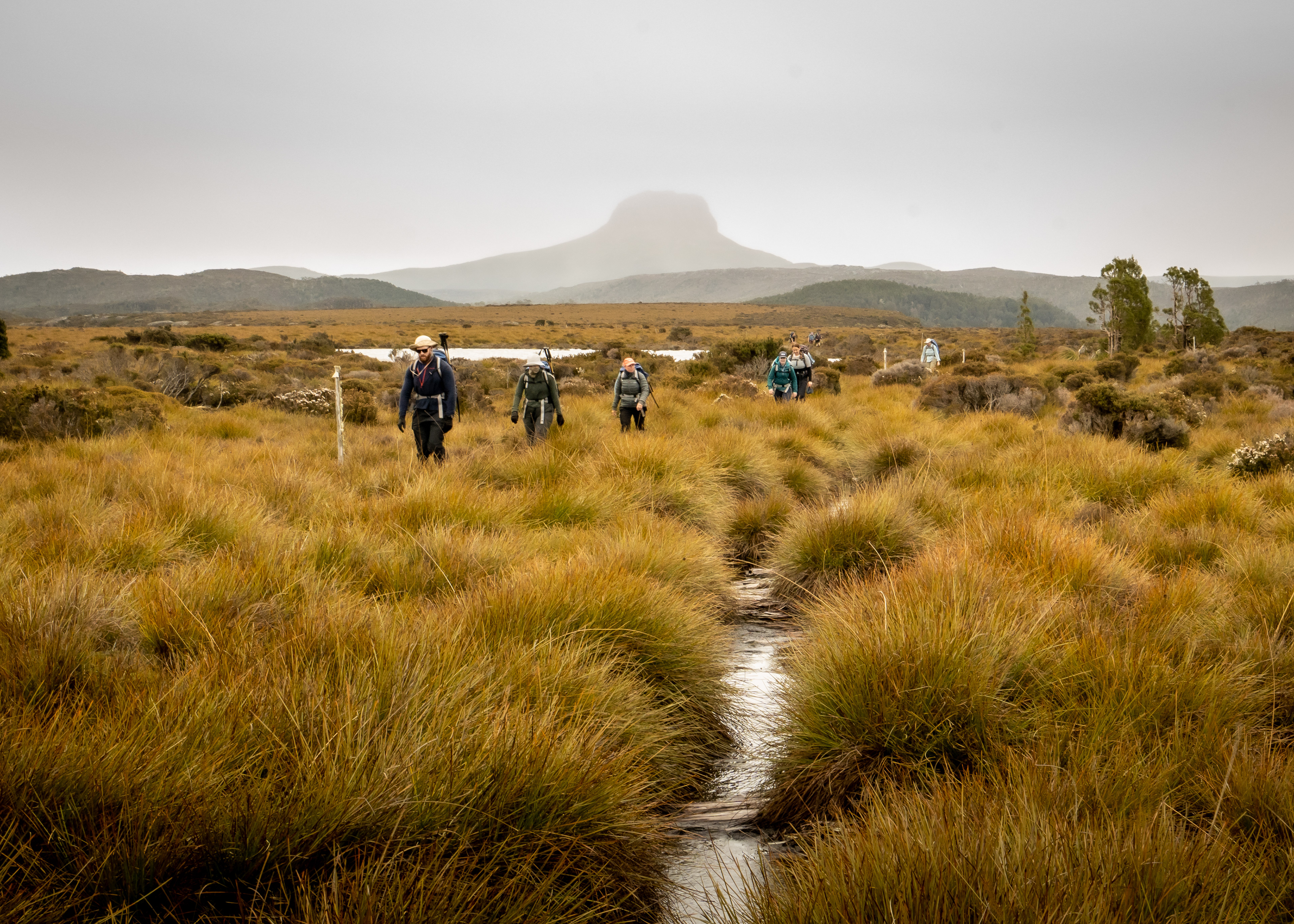 Through some boggy ground with Barn Bluff in the background