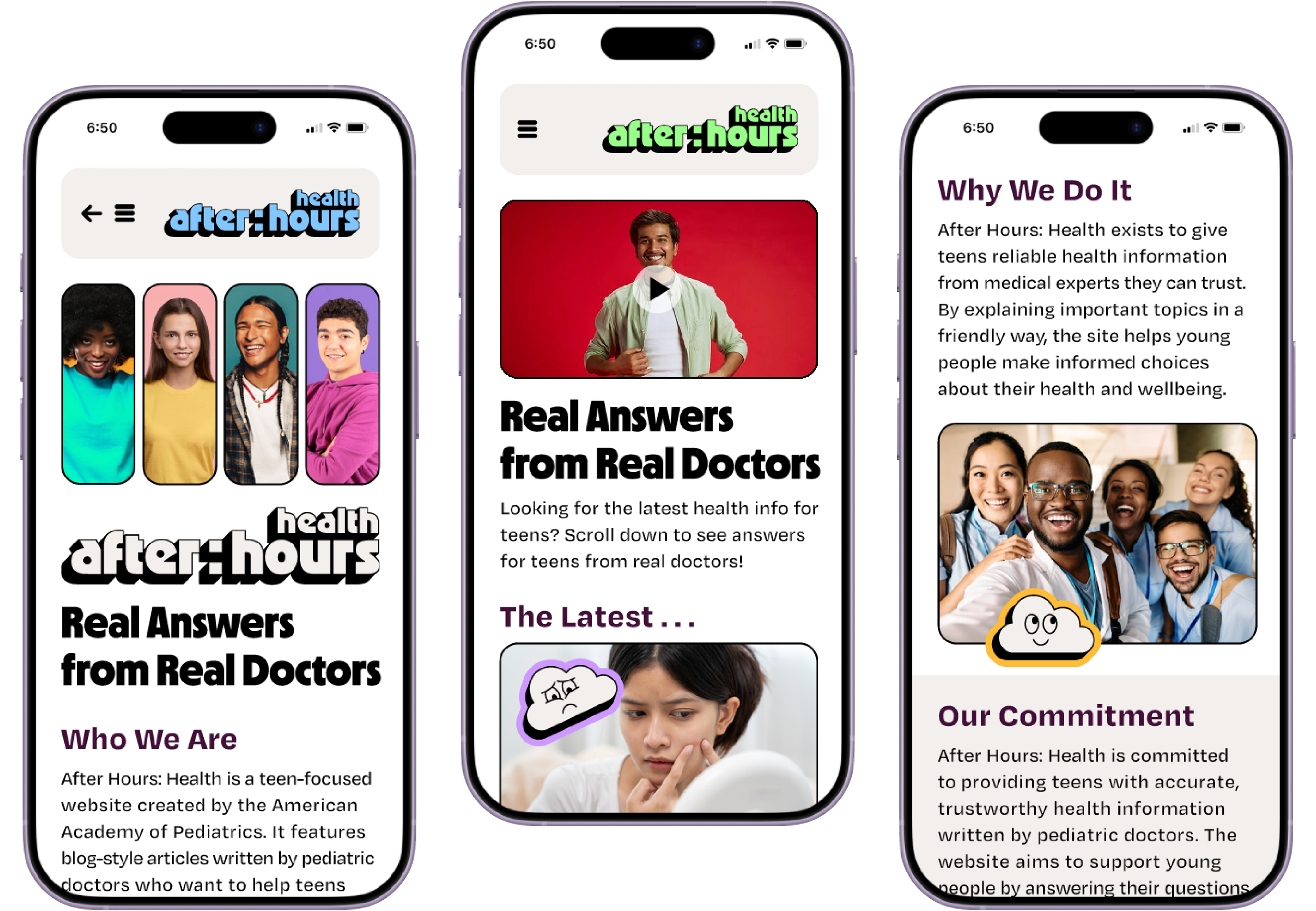 After Hours Health mobile site displayed on three mobile devices