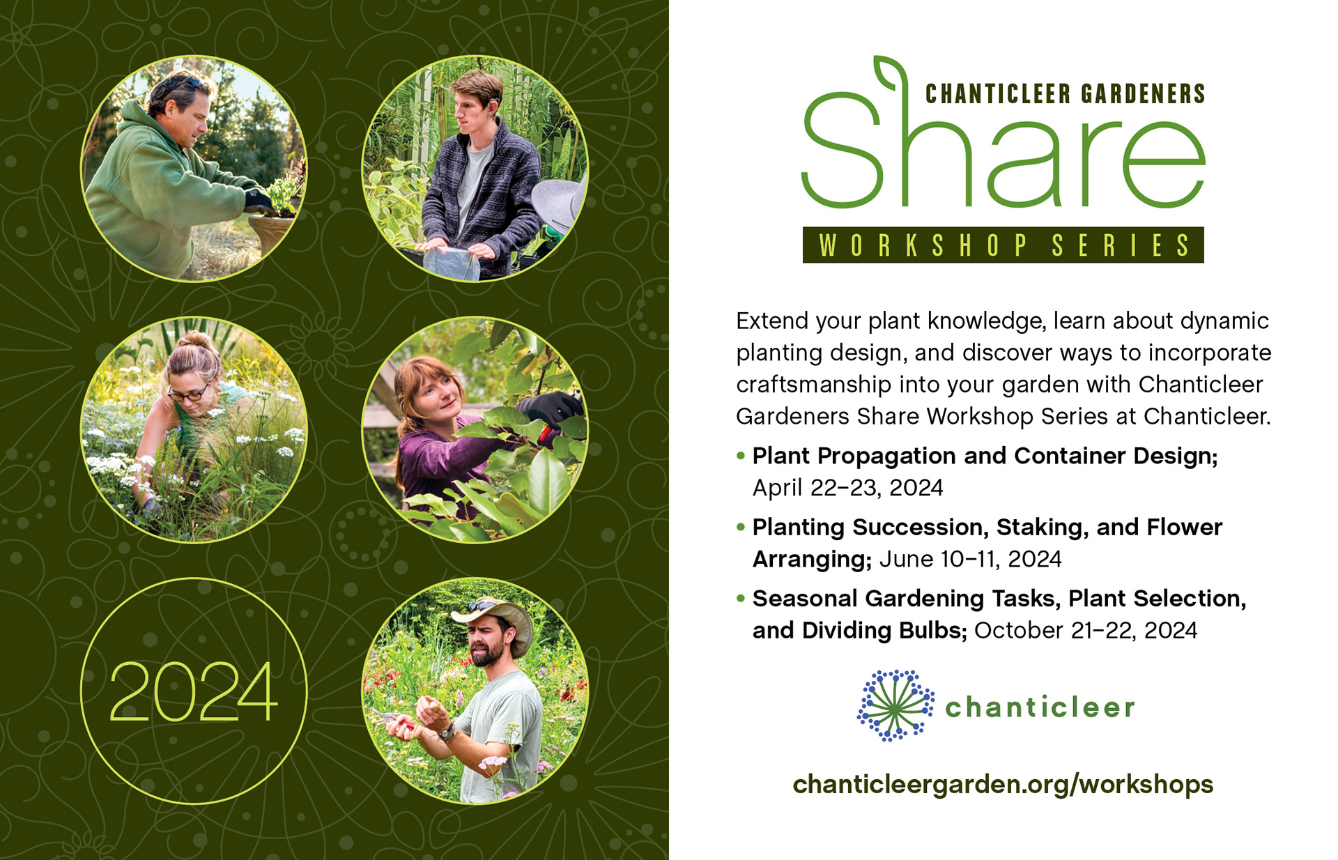 Chanticleer Garden Share ad showing photos of gardens working and teach.