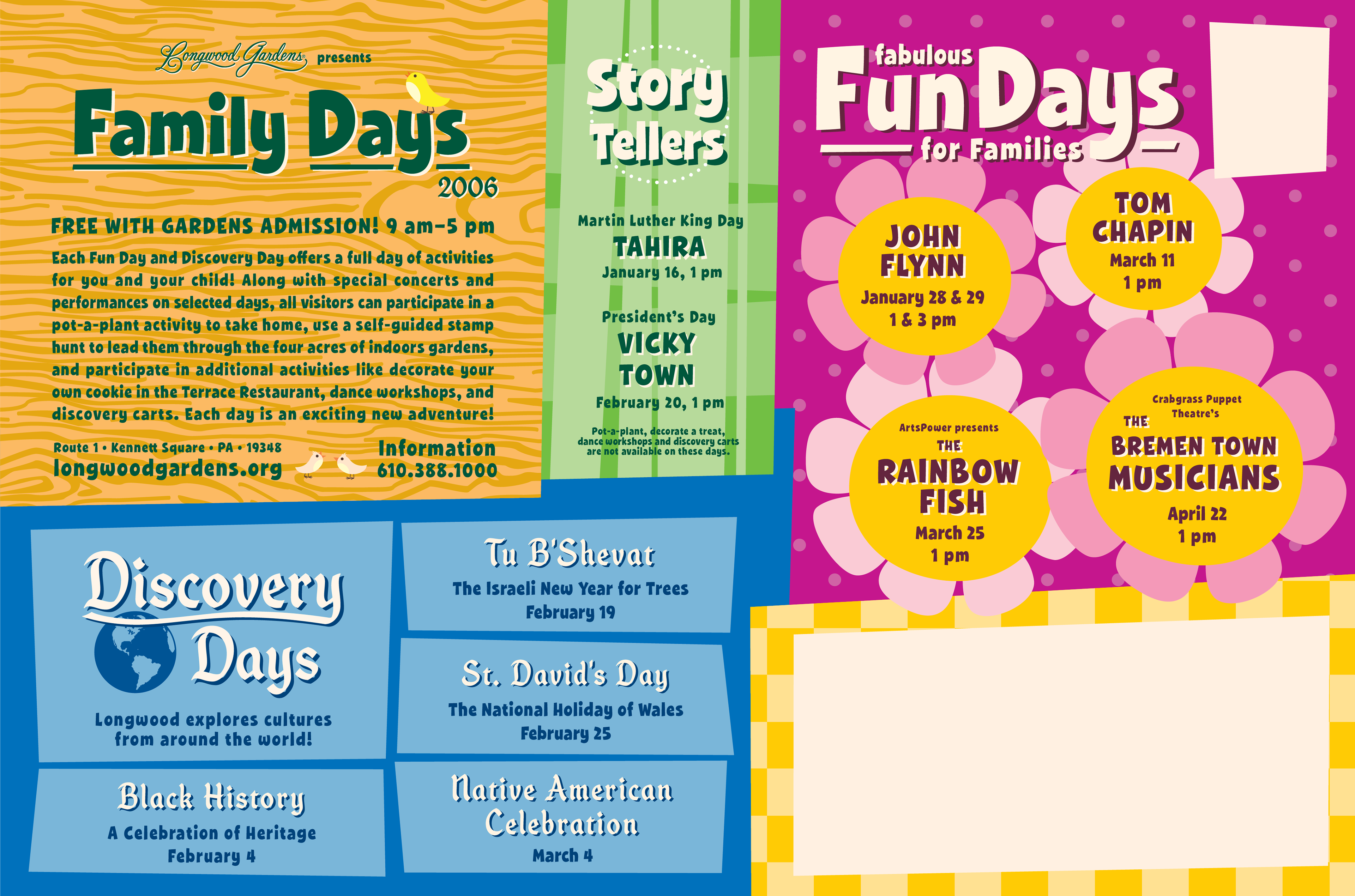 Family Days promotional postcard and illustrations for Longwood Gardens