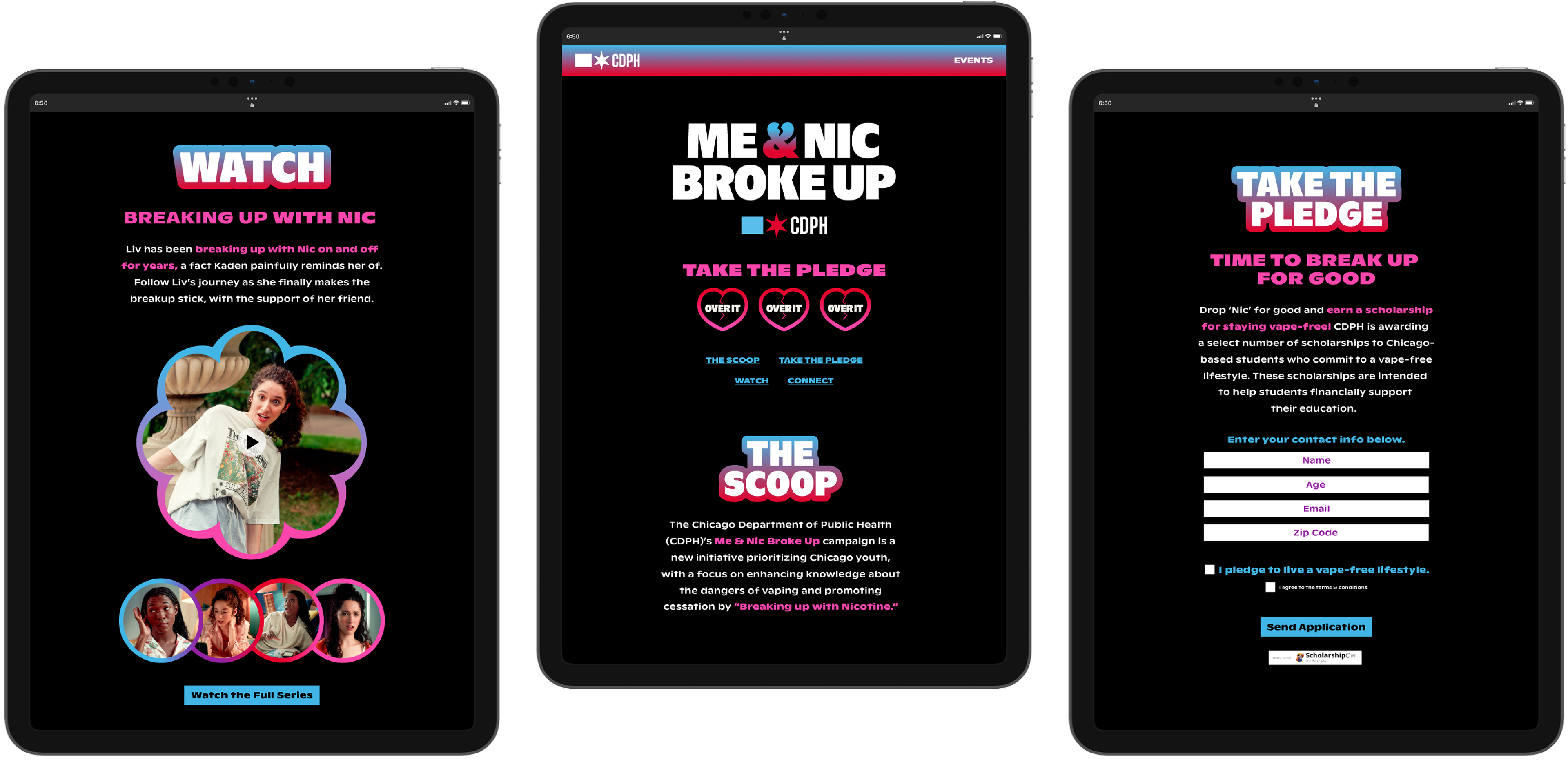 Me & Nic Broke Up responsive site show on three tablets