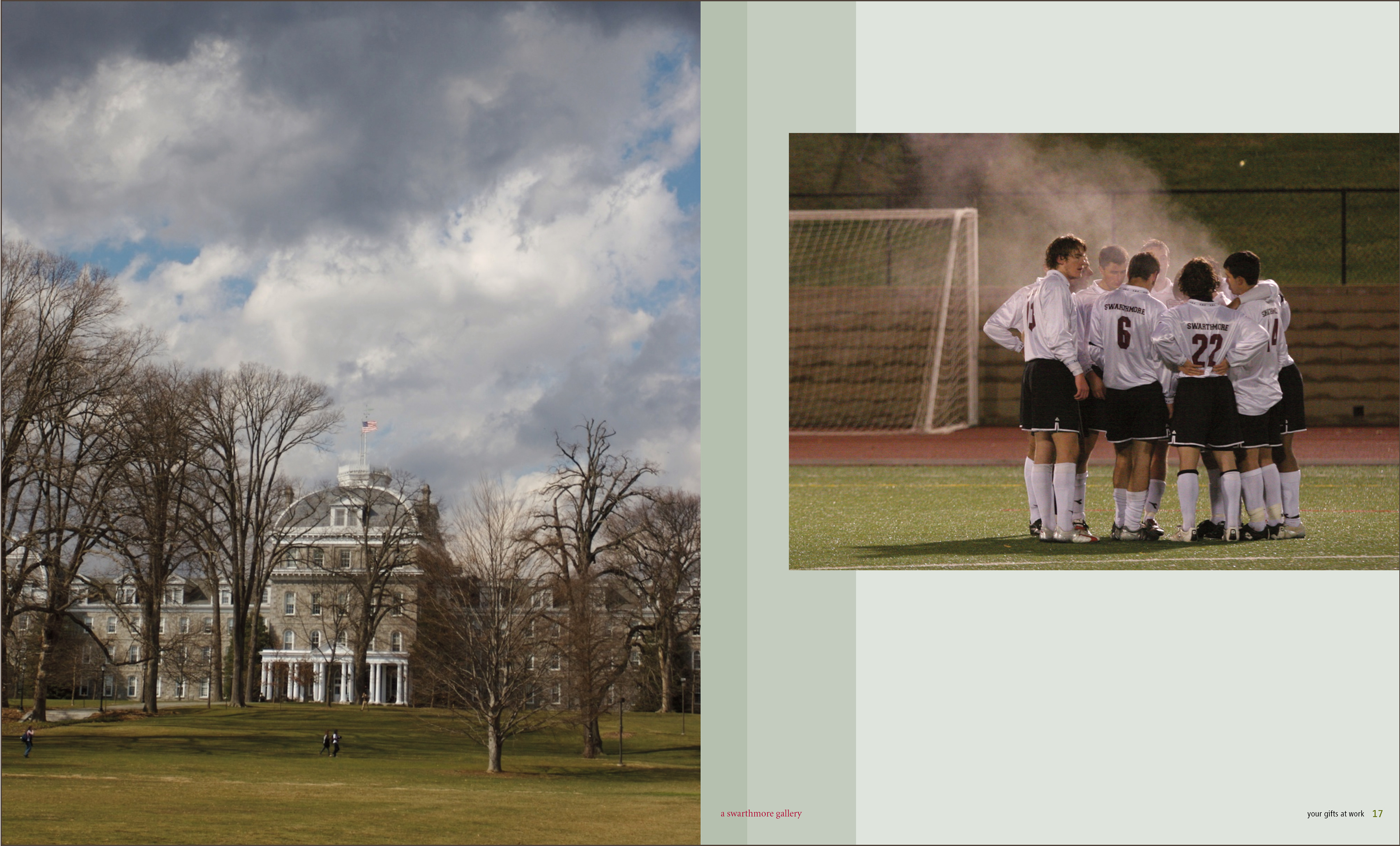 interior spread showing pictures of the Swarthmore campus and soccer players in a huddle