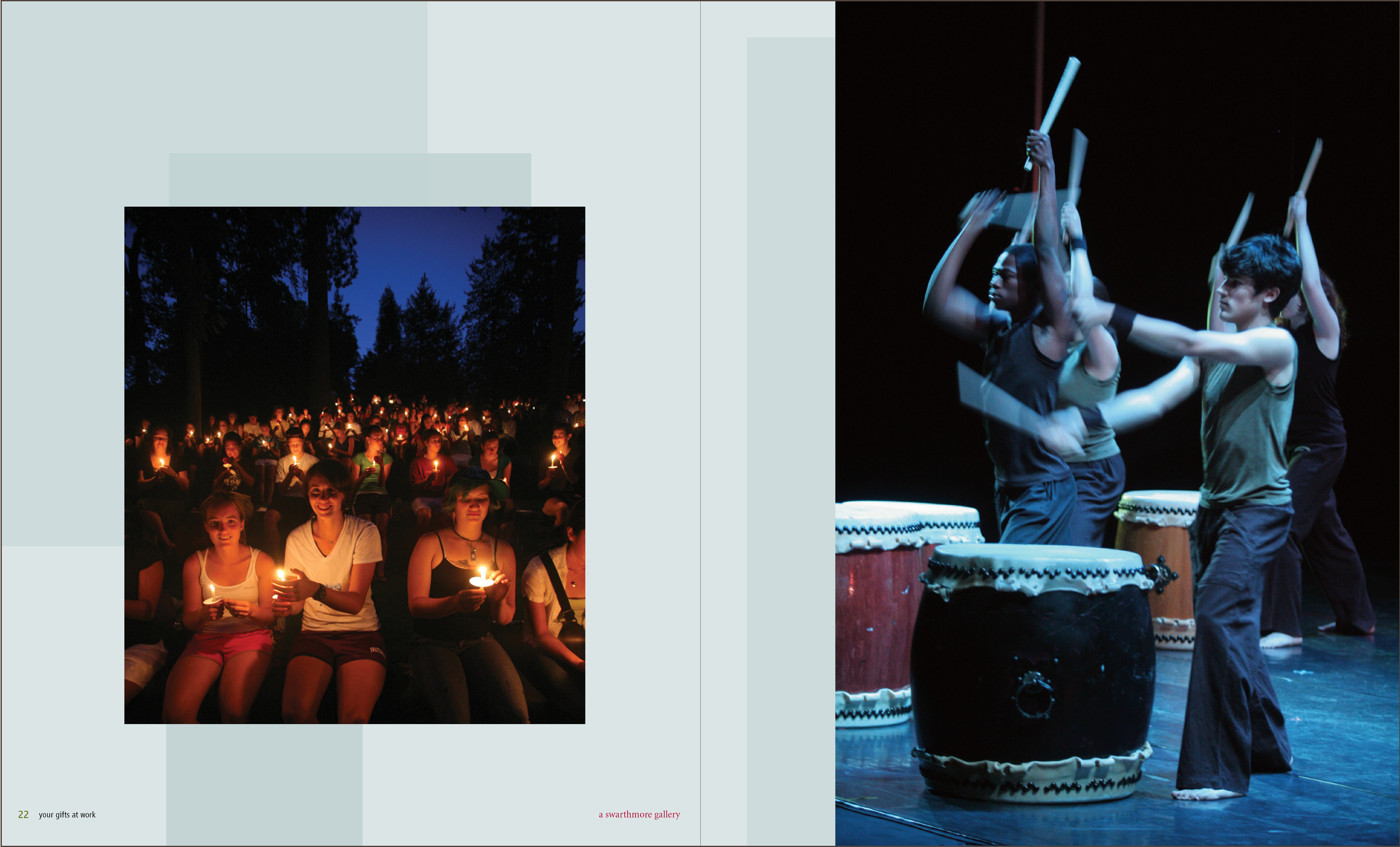 interior spread showing a candlelight vigil and drummers drumming on stage