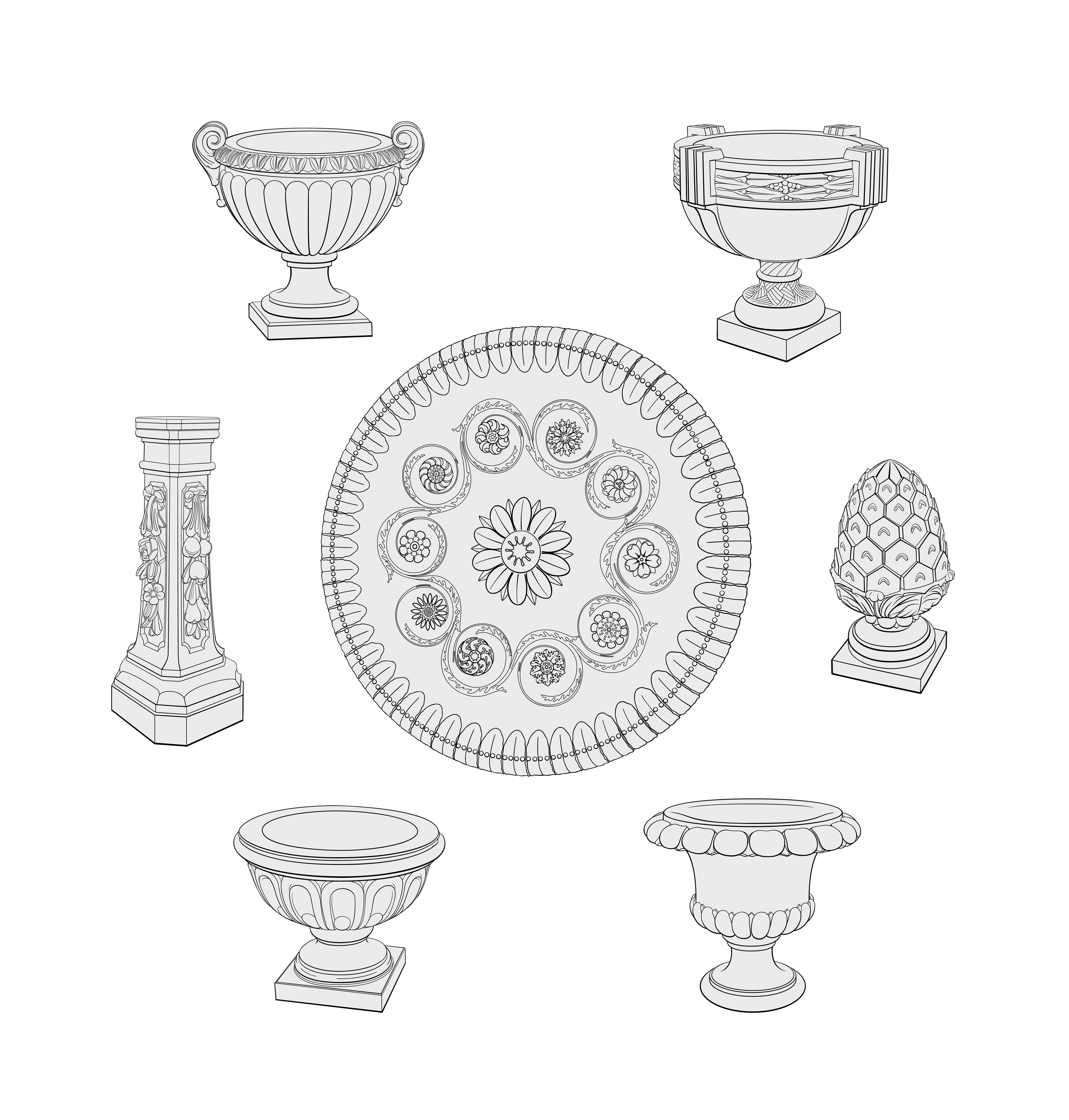 Urn and garden decor catalogue artwork for Campania International