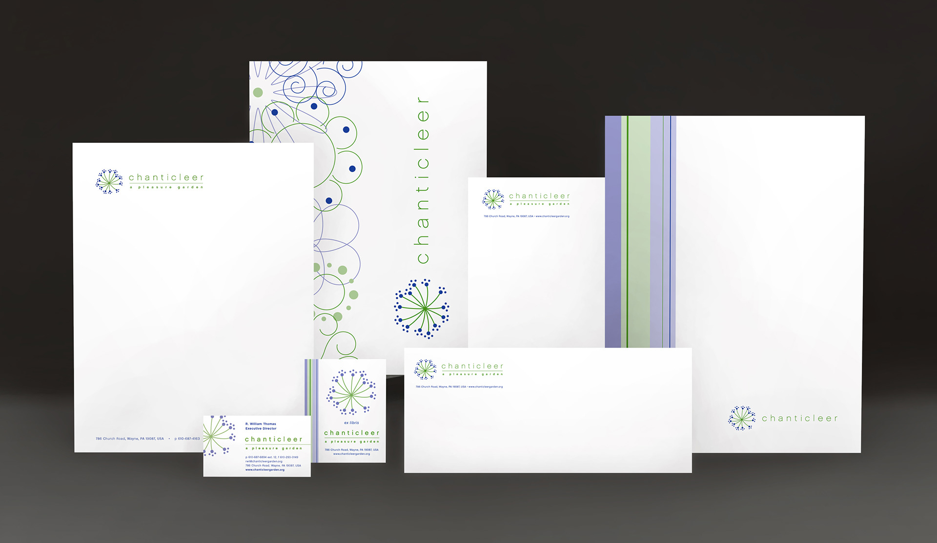 stationery (letterhead, envelopes, folders, business card, book plate)
