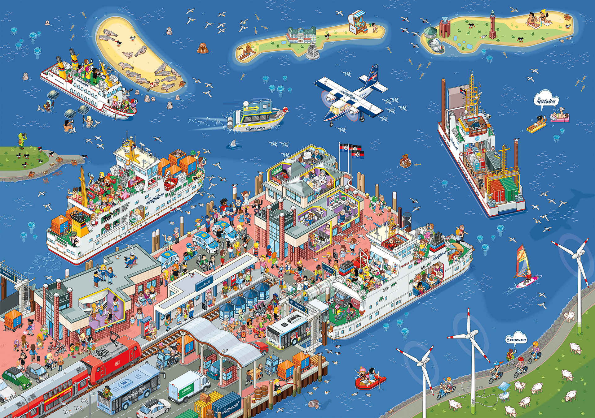 EIne Wimmelbild Illustration vom Zeichner Christoph Hoppenbrock. Es zeigt den Hafen Norddeich-Mole von oben. Man sieht 5 Fähren, ein Flugzeug, Schlauchboote, E-Fahrräder und E-Autos, den Bahnhof und den Busbahnhof. Im Meer erkennt man die Inseln Juist und Norderney. Alles bevölkert von vielen kleinen menschlichen und tierischen Figuren.