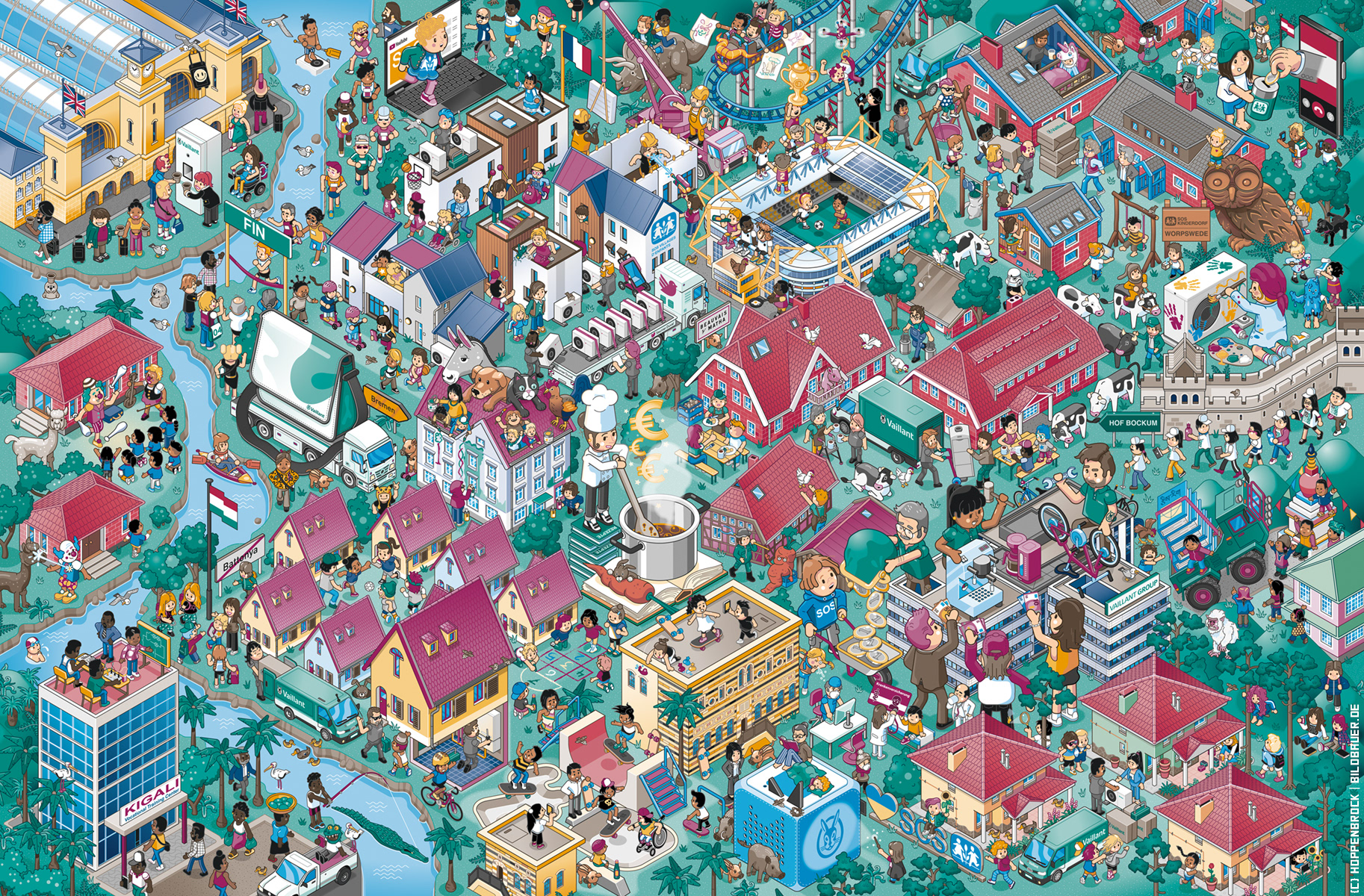 Ein von Christoph Hoppenbrock gezeichnetes Wimmelbild, das eine Landschaft mit verschiedenen SOS Kinderörfern zeigt. Man erkennt die vielen Arten der Zusammenarbeit der FIrma Vaillant mit den SOS Kinderdörfern.