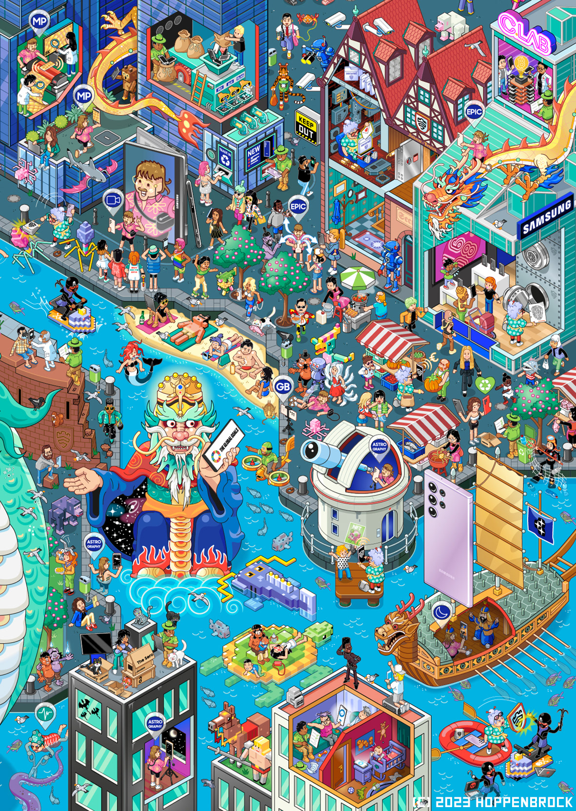 Eine Wimmelbild Illustration von Christoph Hoppenbrock als Aufsicht auf eine Stadtlandschaft in isometrischer Vogelperspektive. Dutzende Charaktere, Droiden und fabelhafte Gestalten aus der koreanischen Mythologie nutzen Handys, Laptops und Tablets. Im Mittelpunkt steht der koreanische Drachenkönig.