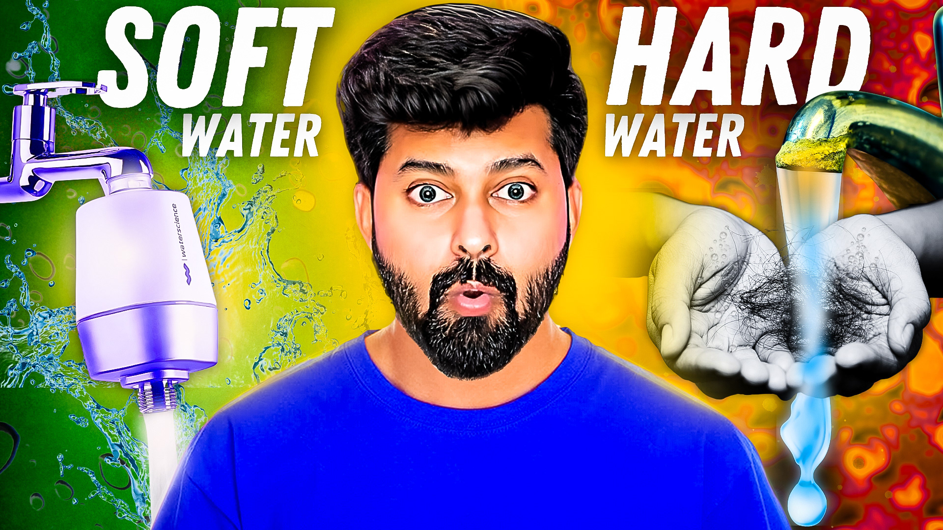 An image comparing soft and hard water, showing filtered water on the left and hair loss due to hard water on the right, with a surprised man in the middle.